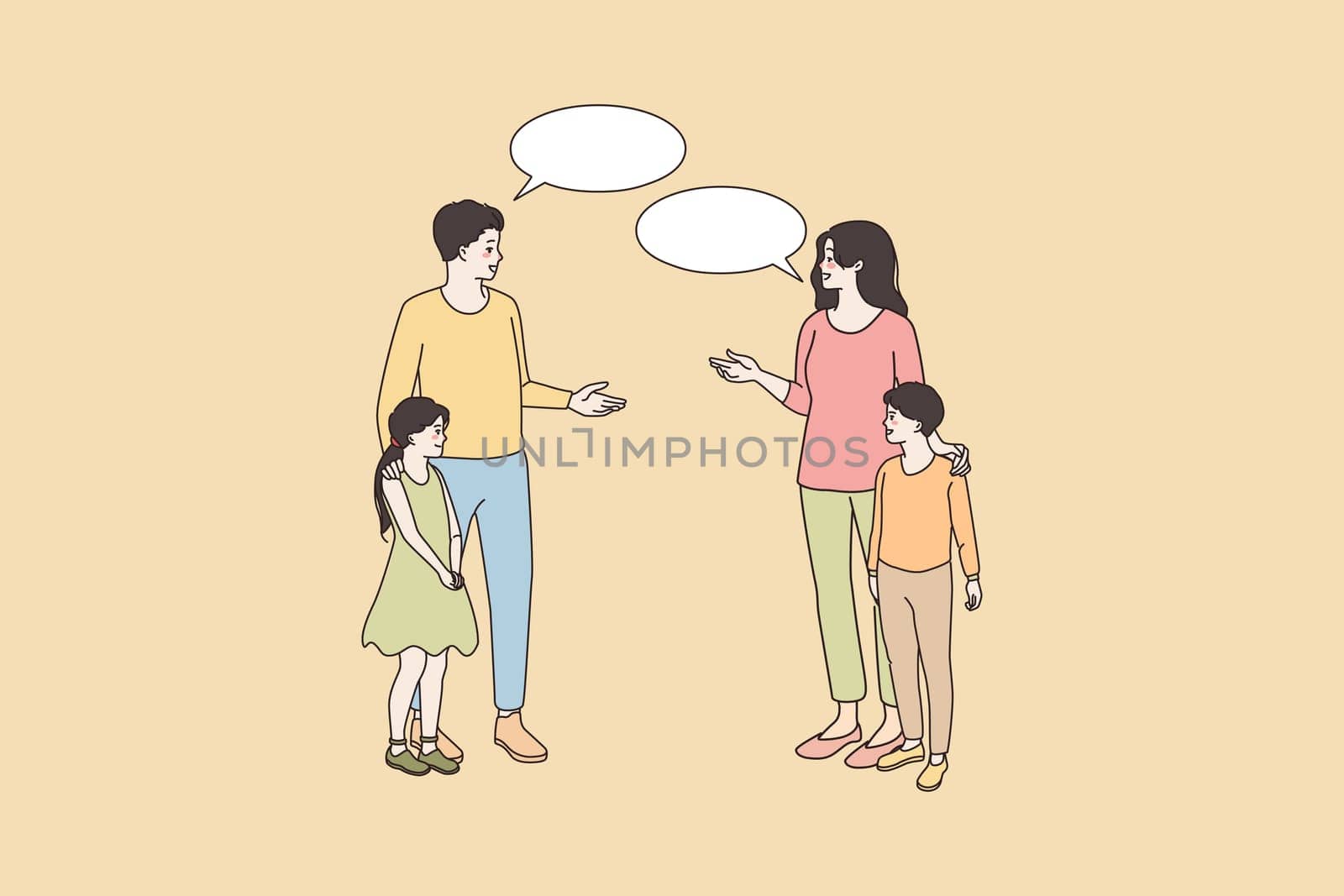 Smiling mother and father of small teen kids talk speak encounter in street. Happy man and woman have communication, children classmates near. Thin line art sketch, flat vector illustration.