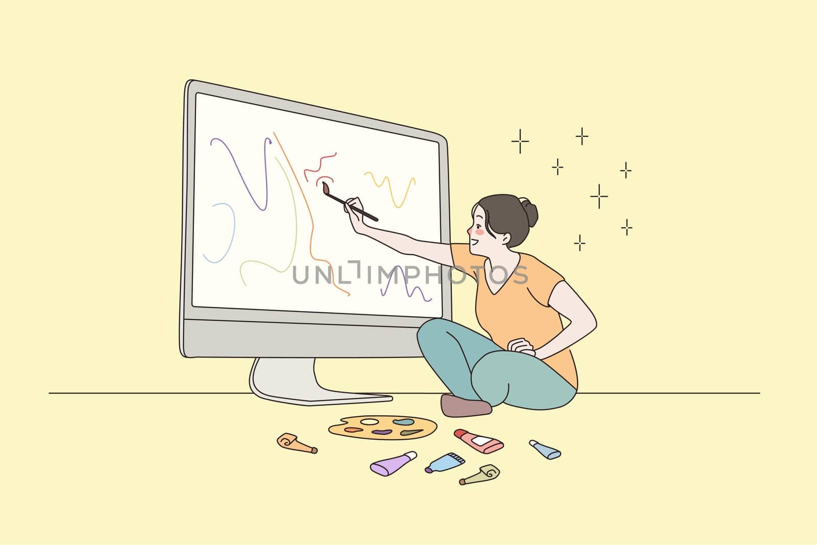 Smiling woman artist drawing online on computer