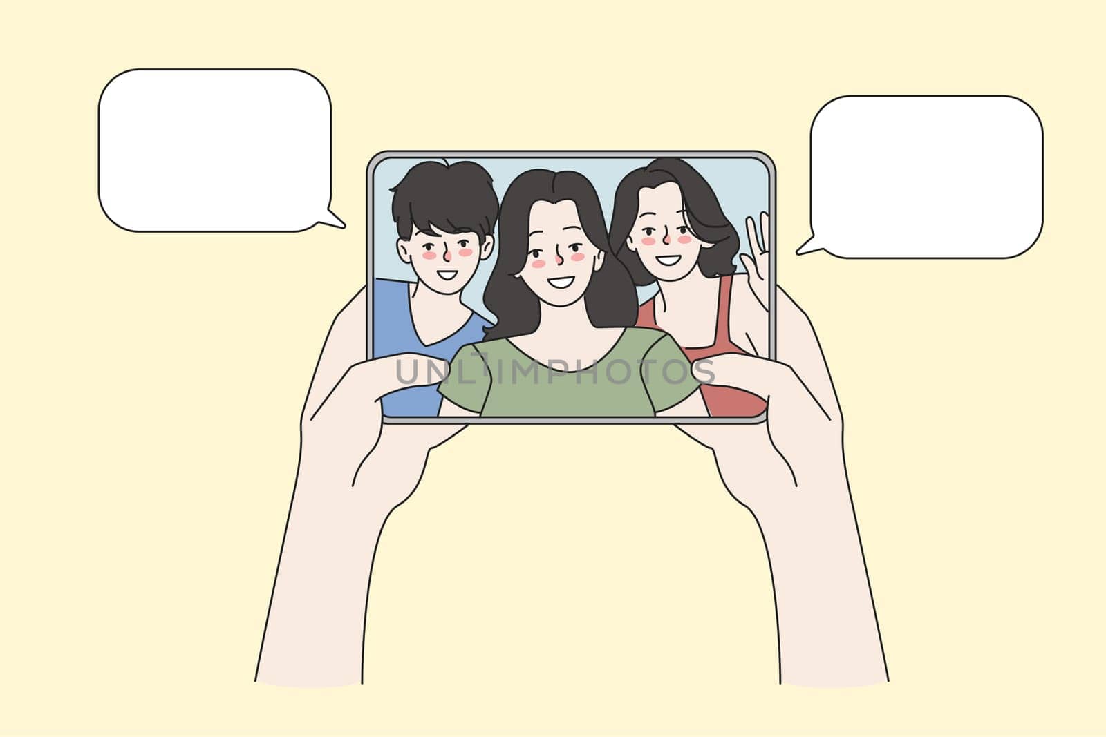Person hold tablet device talk speak on video call online with friends. People have webcam digital conference communication on pad gadget. Distant virtual event, technology. Vector illustration.