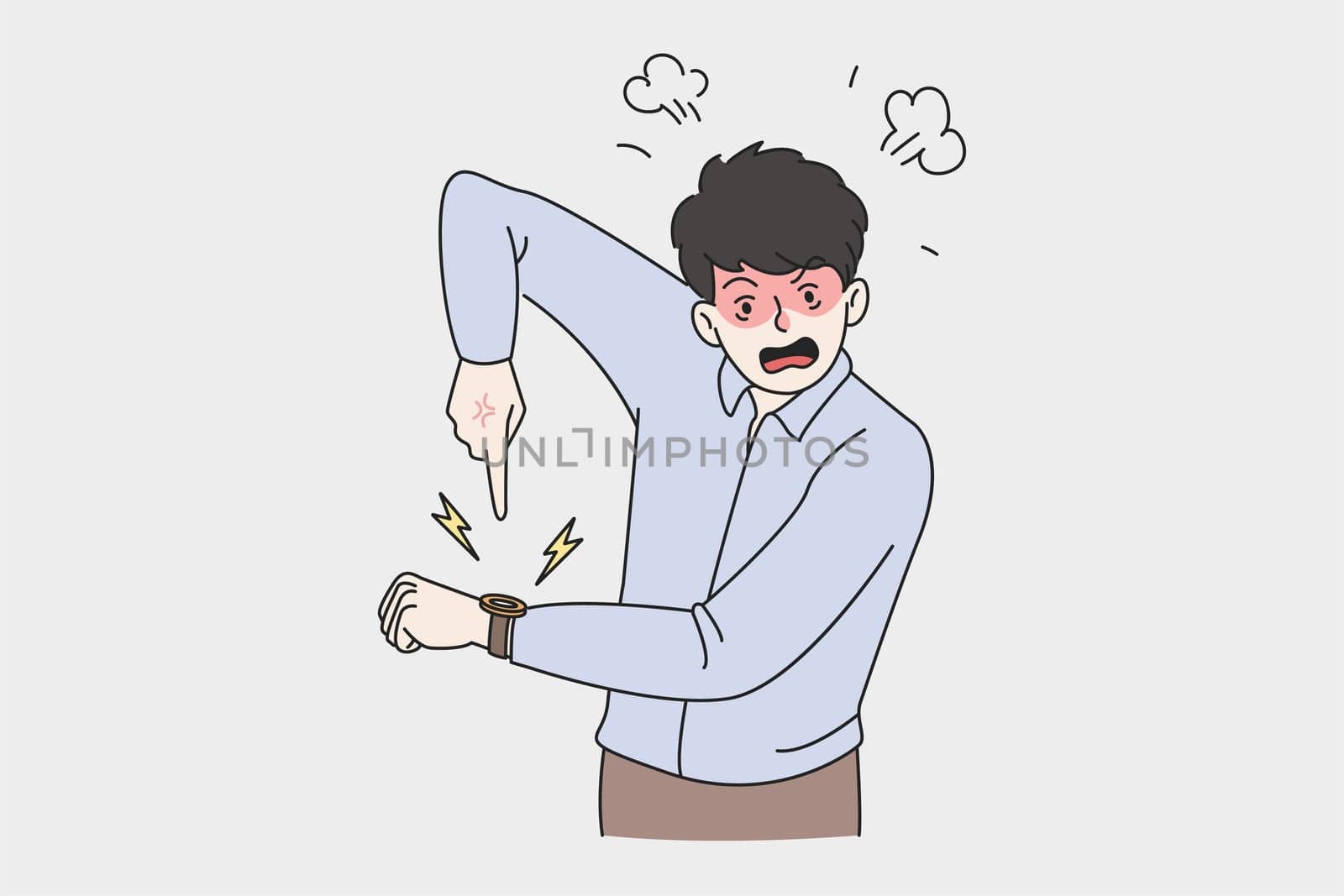 Angry man point at hand watch notify about missed deadline. Mad furious businessman show time on clock note being late for work. Job delay, time management. Flat vector illustration, pop art.
