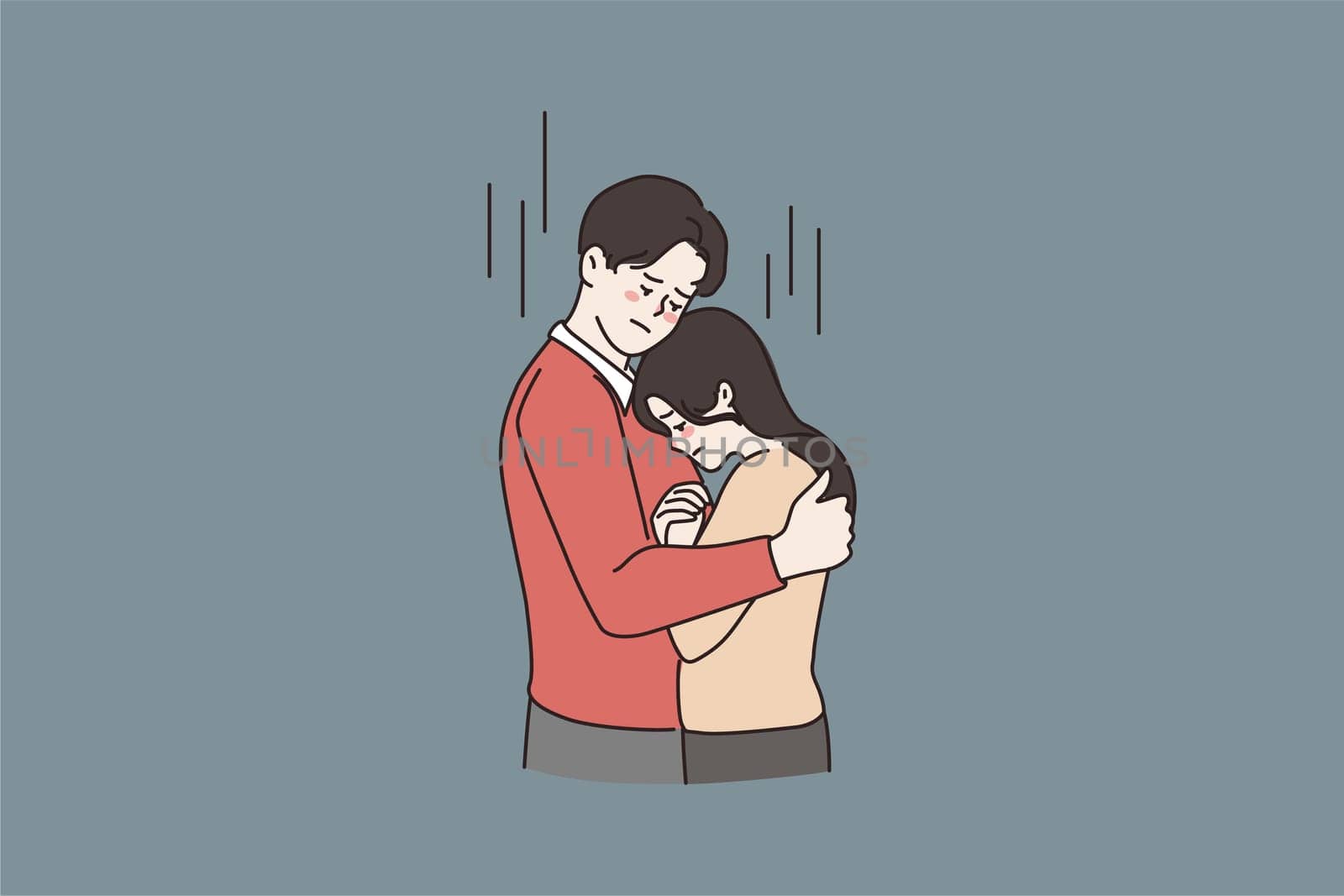 Young man hug caress support unhappy woman girlfriend show love and care. Supportive male embrace comfort sad girl feeling distressed depressed. Couple relationship goal. Flat vector illustration.