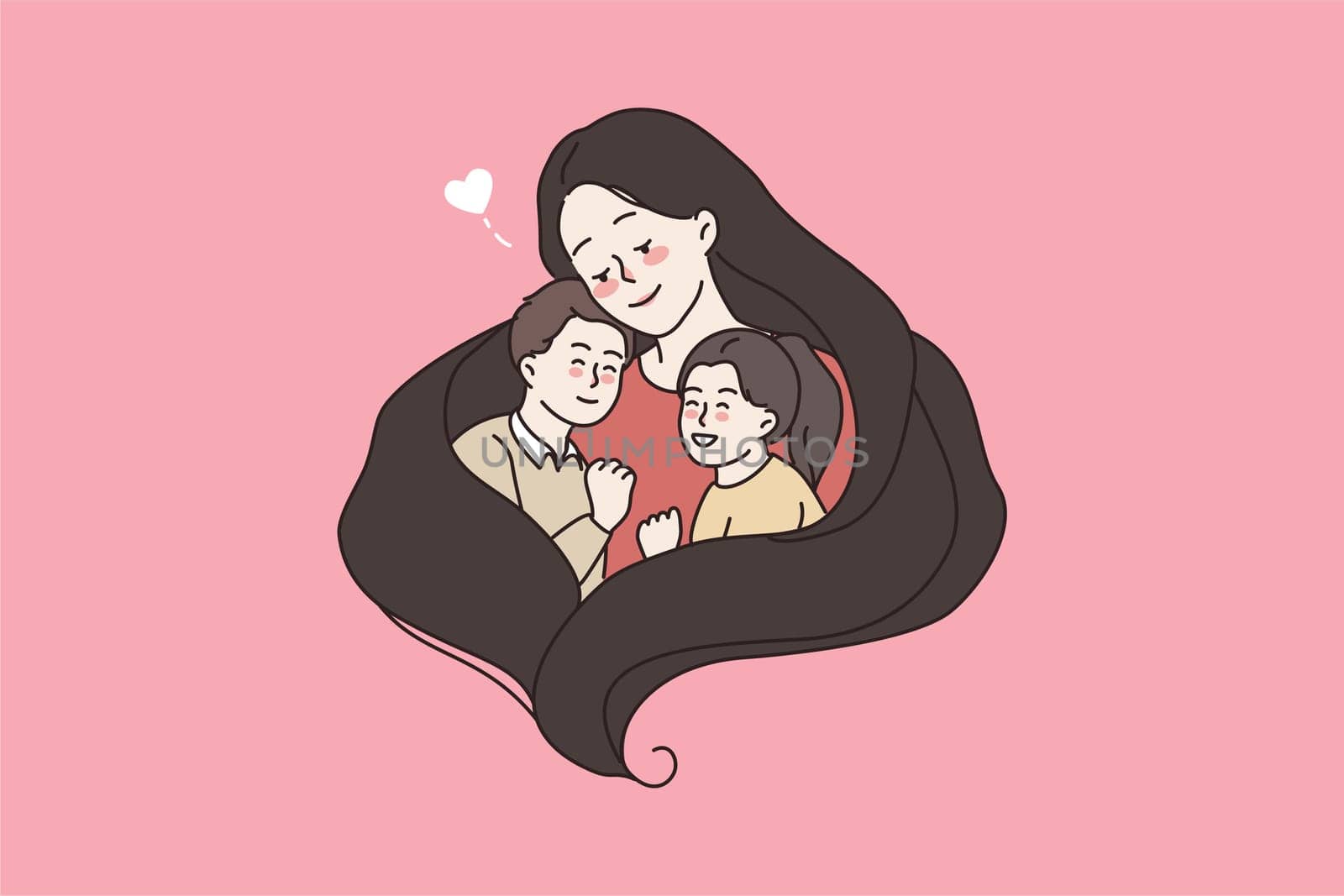 Caring mom hug embrace small children son and daughter show love support in family relation. Mother cuddle kids feel grateful thankful. International women day. Motherhood. Flat vector illustration.