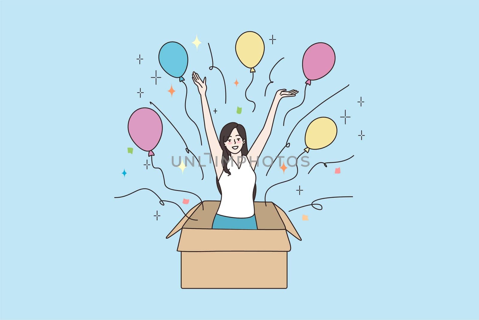 Happy young woman jump out of box with balloons make birthday surprise. Smiling millennial girl have fun greet congratulate man on anniversary. Celebration, party. Flat vector illustration.