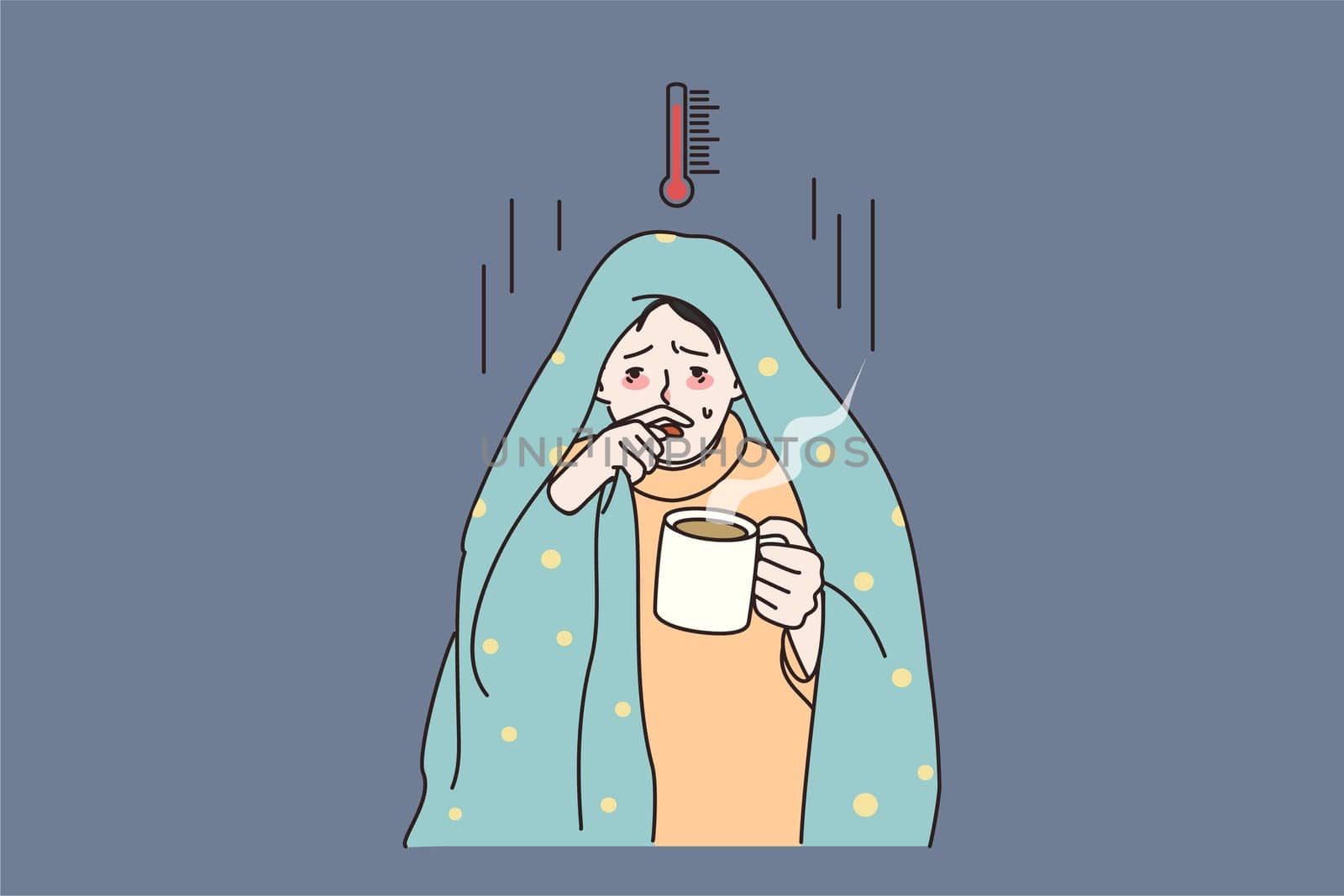 Unhealthy man covered in blanket feel sick unwell suffer with high temperature drink hot tea. Ill male struggle with flu or fever, have covid-19 symptoms. Corona concept. Flat vector illustration.