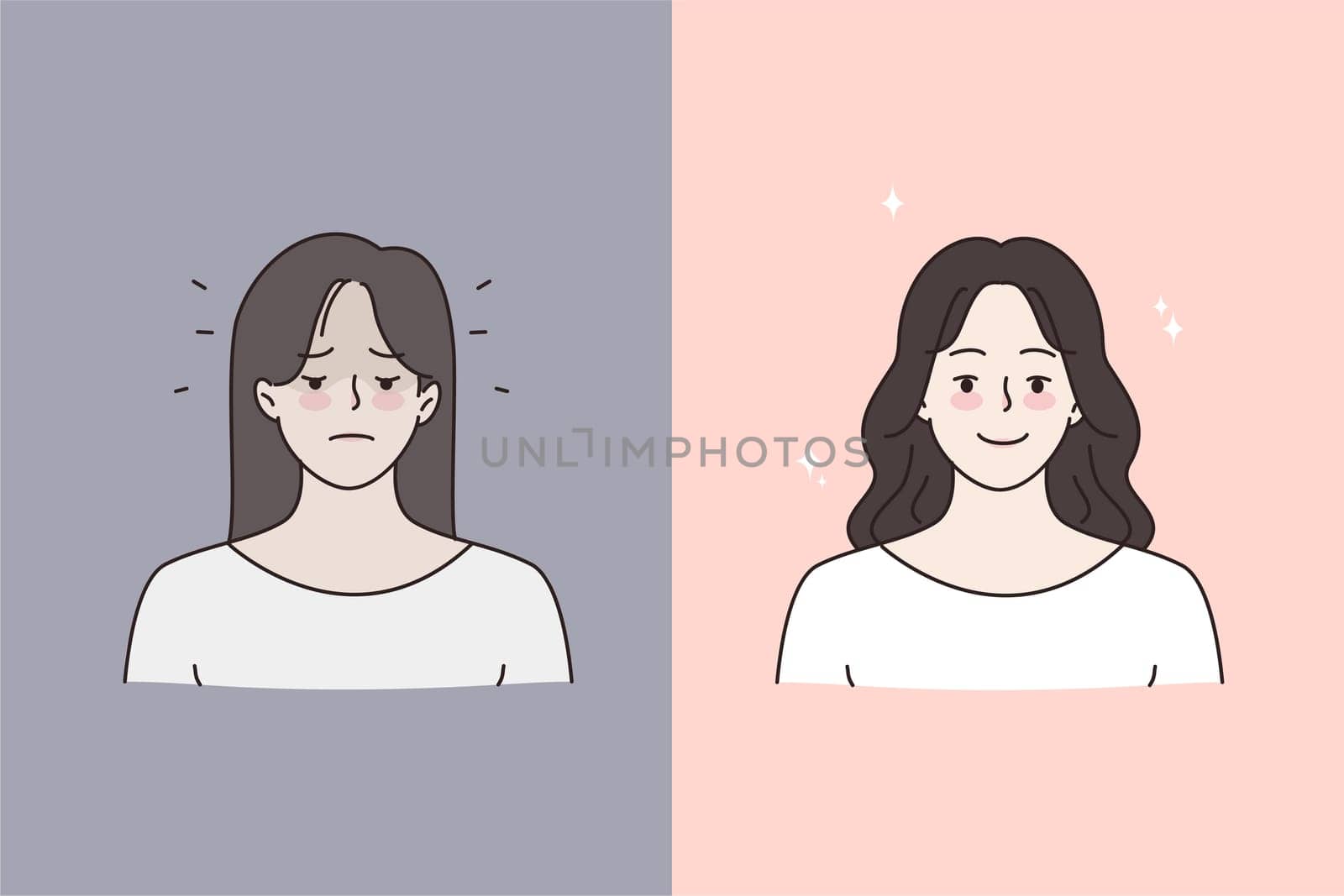 Woman sad before and happy after psychology session. Young female recovered after depression or nervous breakdown. Mental health concept. Makeup and beauty. Flat vector illustration.