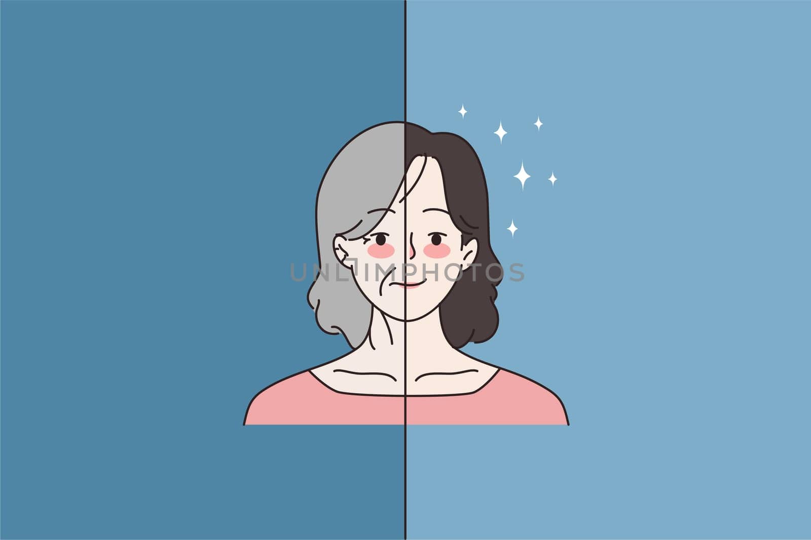 Woman before and after cosmetic facial surgery or beauty procedures. Female good face results after botox injections. Facelift rejuvenation, cosmetology concept. Cartoon flat vector illustration.