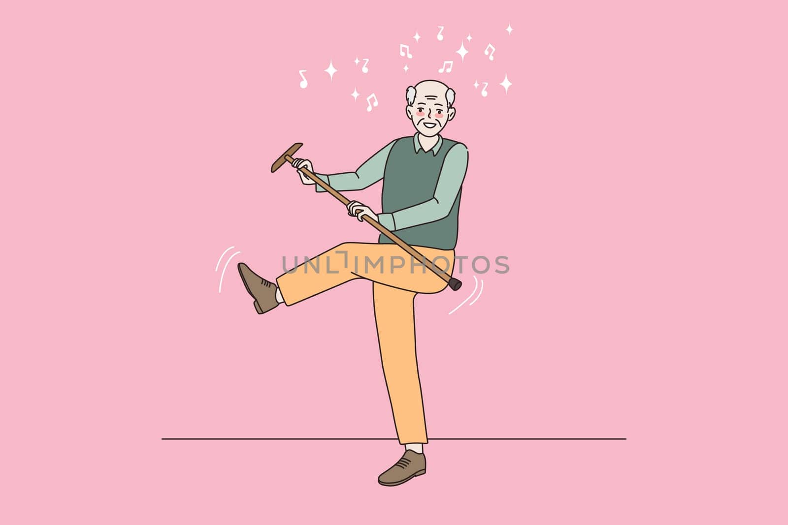 Happy elderly man feel optimistic energetic dancing with walking stick enjoying maturity. Smiling mature grandfather relax rest have fun follow heathy active lifestyle. Flat vector illustration.