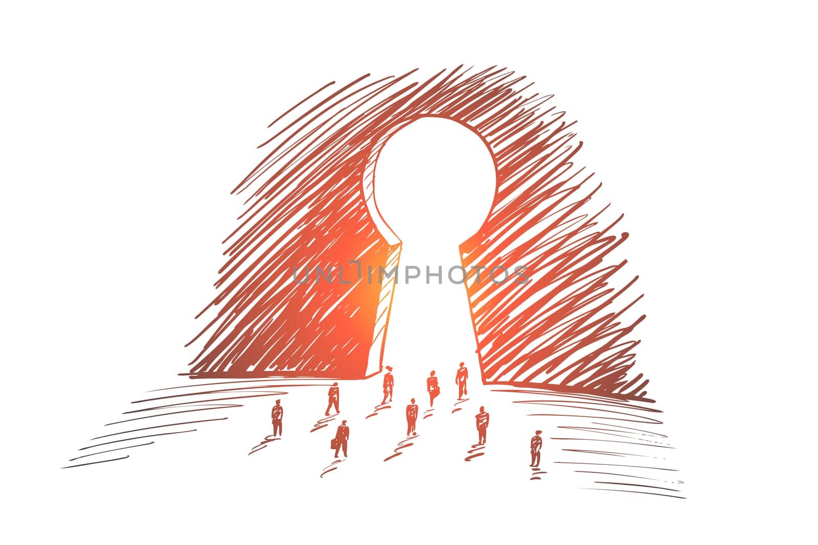 Vector hand drawn secret concept sketch with business people going towards huge keyhole