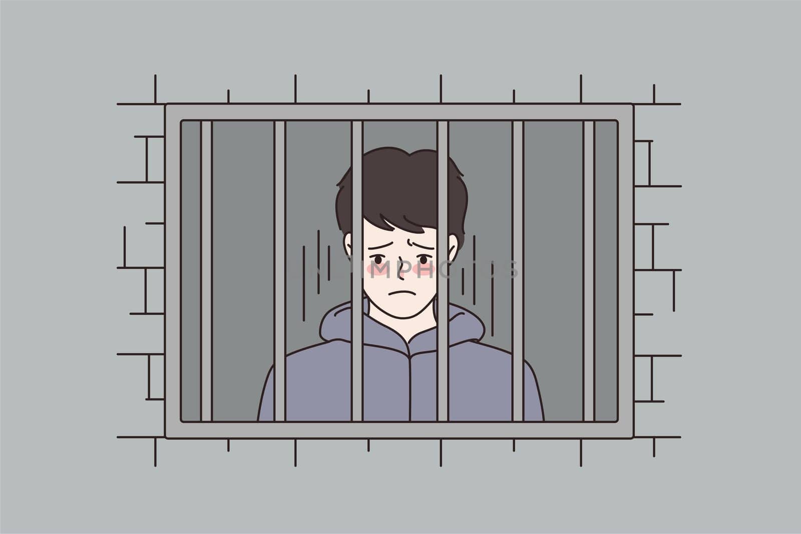 Sad man behind steel bars in country jail. Distressed unhappy male feel depressed sit in prison. Criminal convict imprisoned for illegal actions. Cartoon character flat vector illustration.