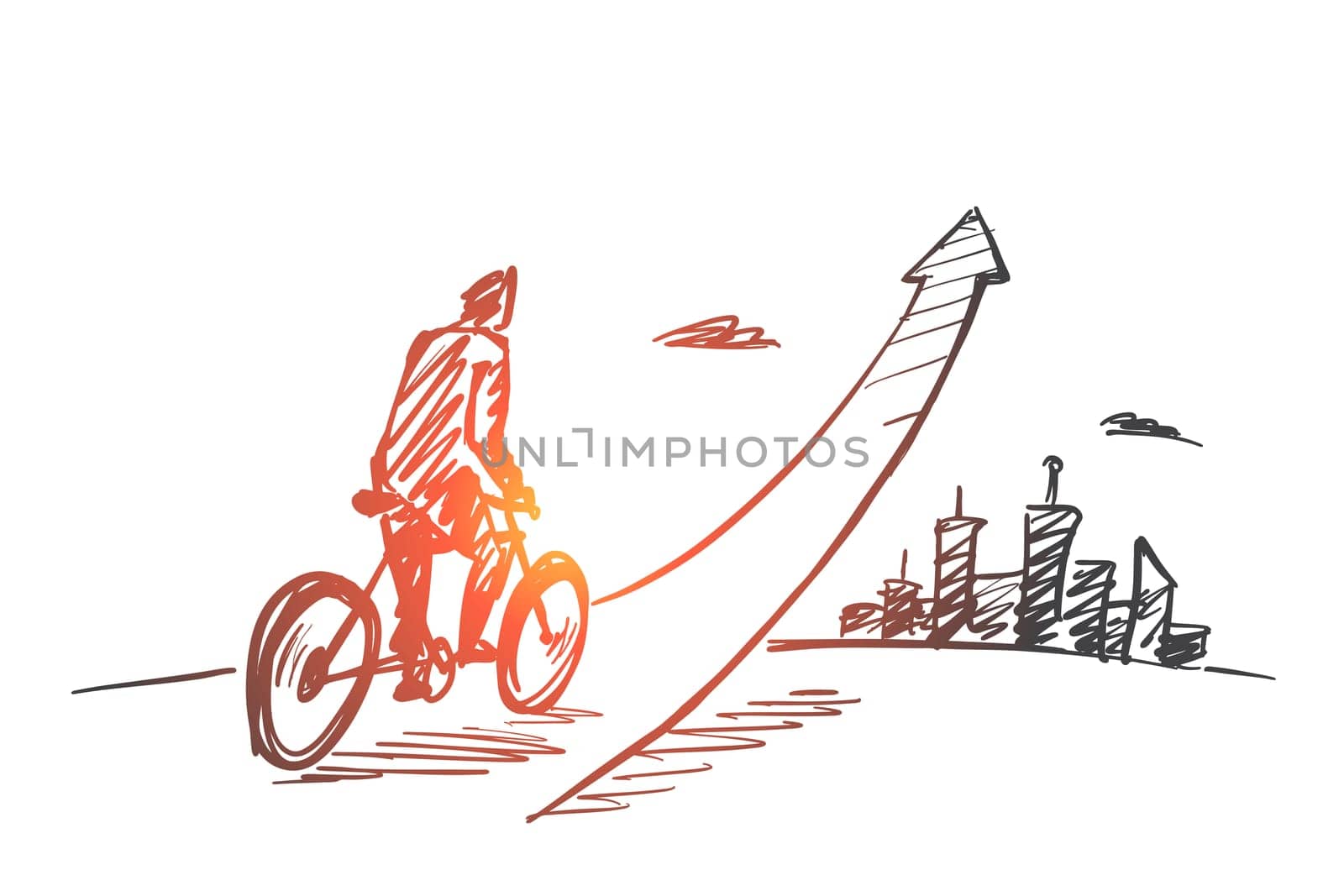 Vector hand drawn start up concept sketch with young businessman on bicycle riding up and big city at background