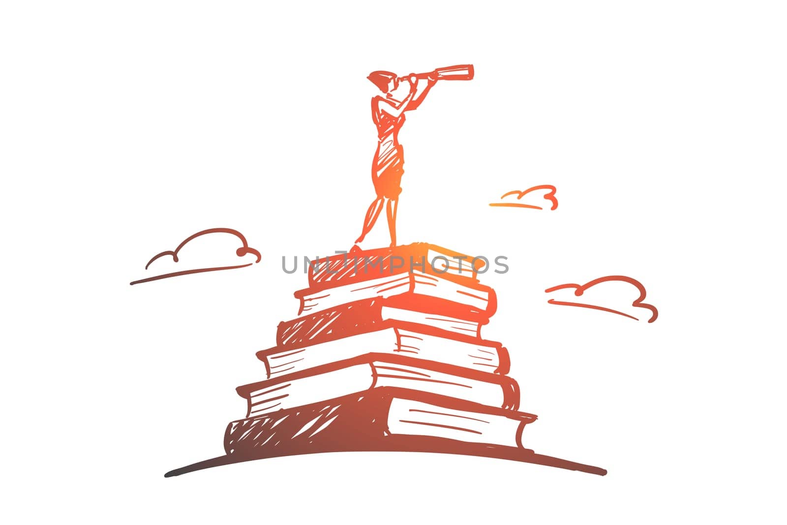 Vector hand drawn searching concept sketch with woman standing at top of stack of books and looking through spyglass