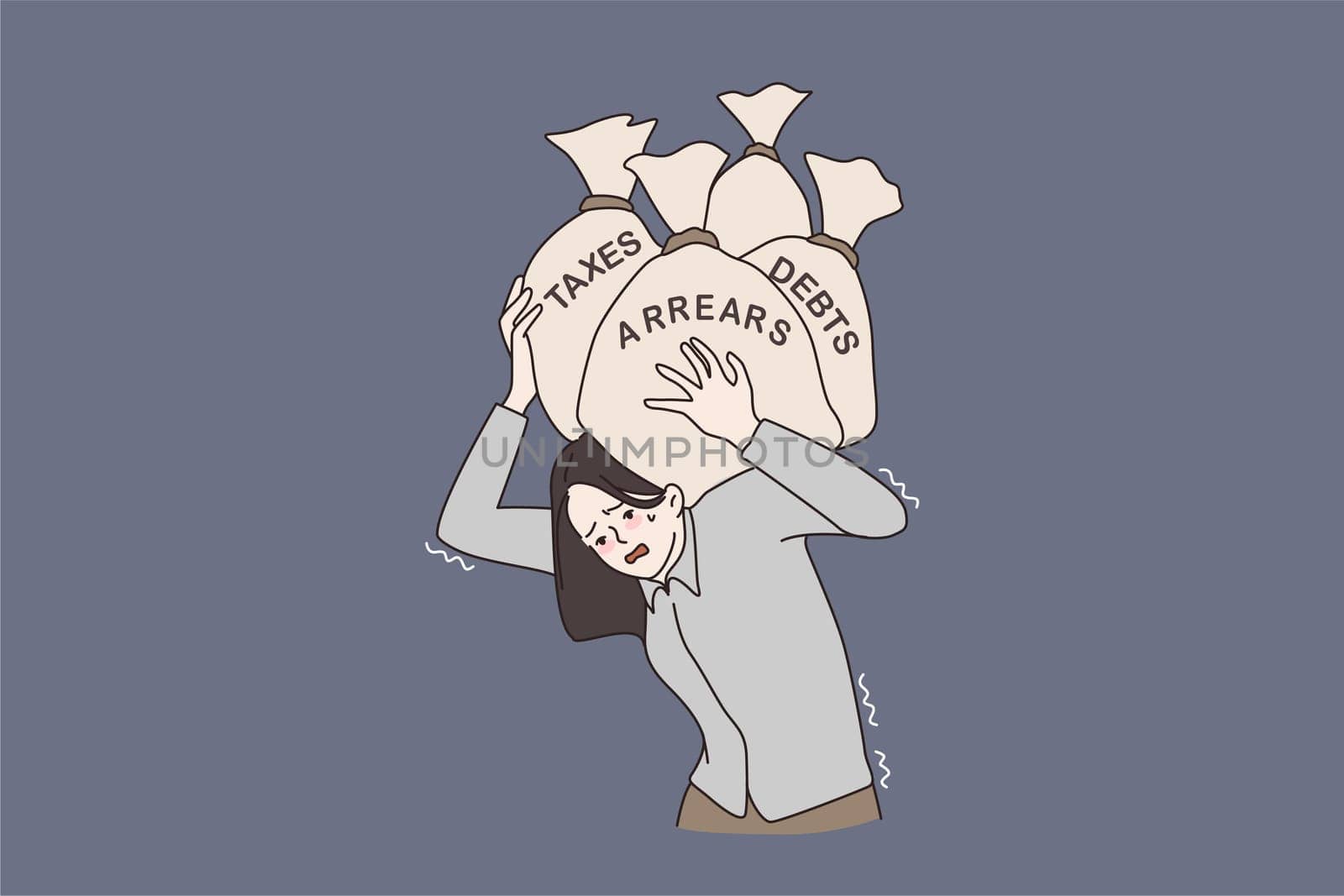 Unhappy woman carrying burden of financial problems, holding bags with taxes and debts. Distressed female suffer from finance troubles and bankruptcy. Budget crisis. Cartoon flat vector illustration.