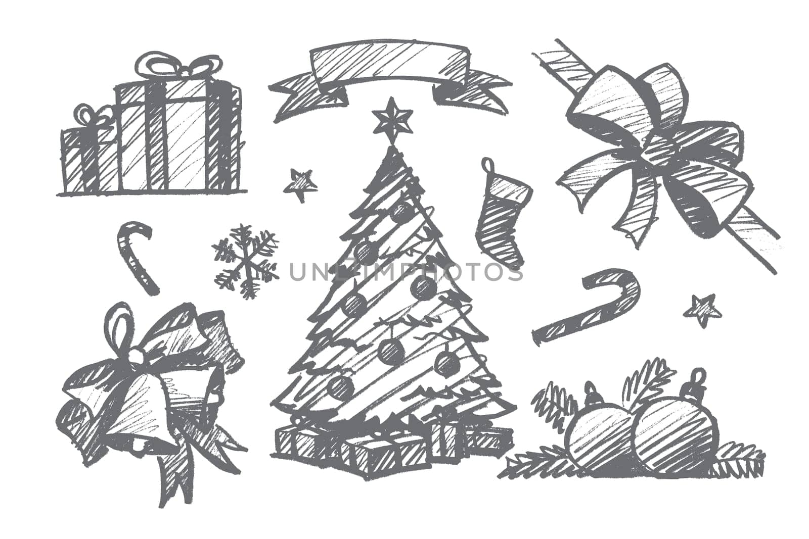 Vector hand drawn Christmas concept sketch. Holiday present boxes, ribbon, fir-tree with decoration and gifts, bow, jingle bells, magic wands, snowflakes, sock, stars and glass balls isolated