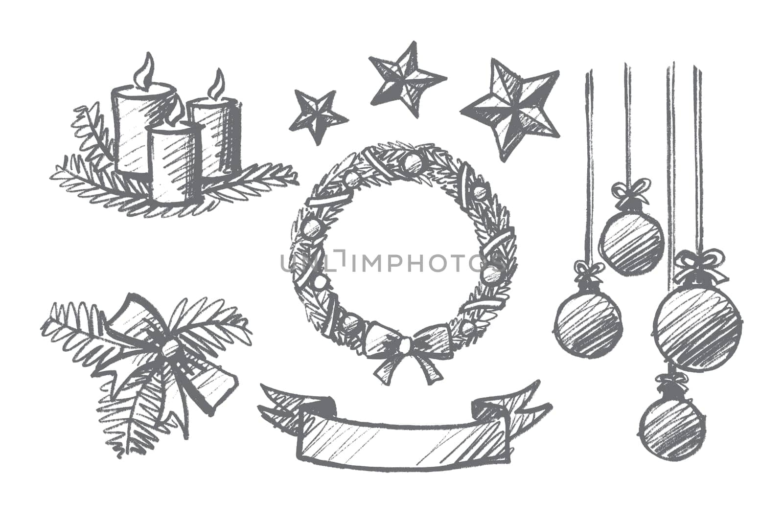 Vector hand drawn Christmas concept sketch. Holiday candles, ribbons, hanging balls, decoration stars, ornate wreath and bow with fir-tree branch isolated