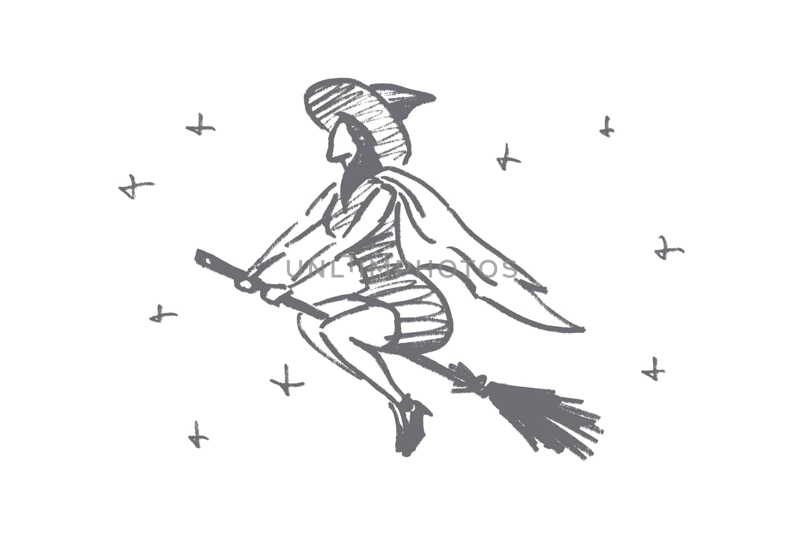 Vector hand drawn Halloween concept sketch. Halloween magic woman flying on broomstick in night sky full of stars