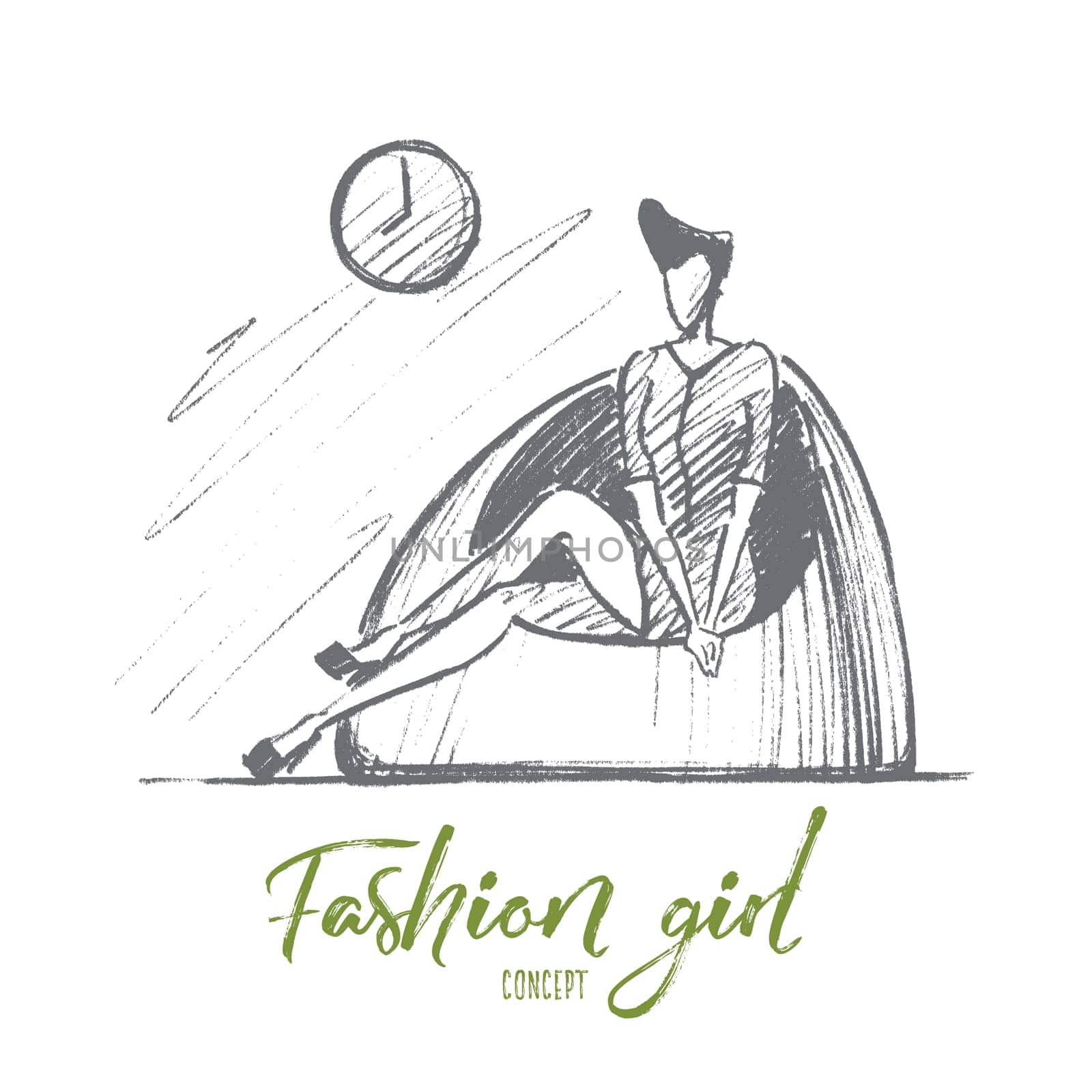 Vector hand drawn Fashion girl concept sketch. Stylish woman in mini dress with cute hairstyle sitting on fashionable chair under wall clock. Lettering Fashion girl concept