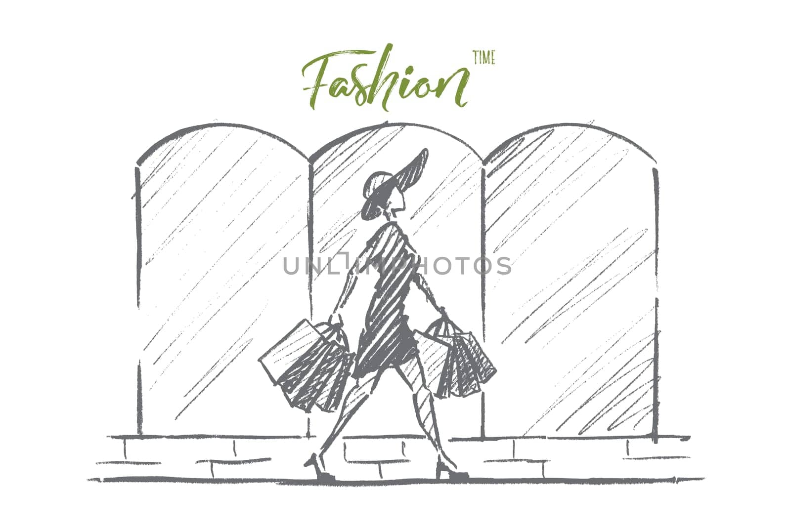 Vector hand drawn Fashion time concept sketch. Stylish woman in dress and hat walking alone with many shopping bags. Lettering Fashion time