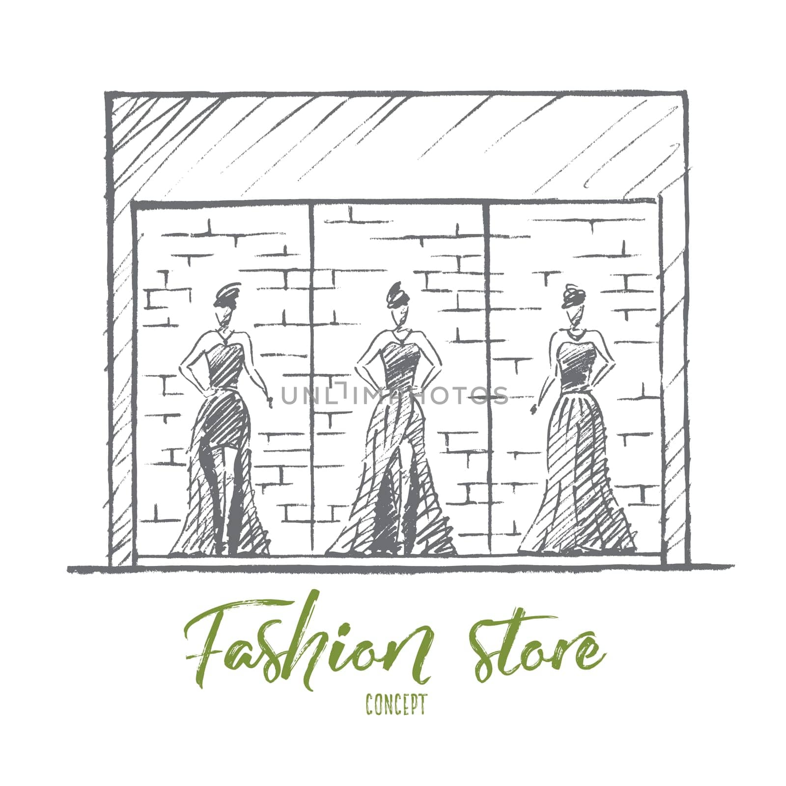 Vector hand drawn Fashion store concept sketch. Stylish female mannequins in gorgeous evening dresses standing at showcase of fashion store. Lettering Fashion store concept