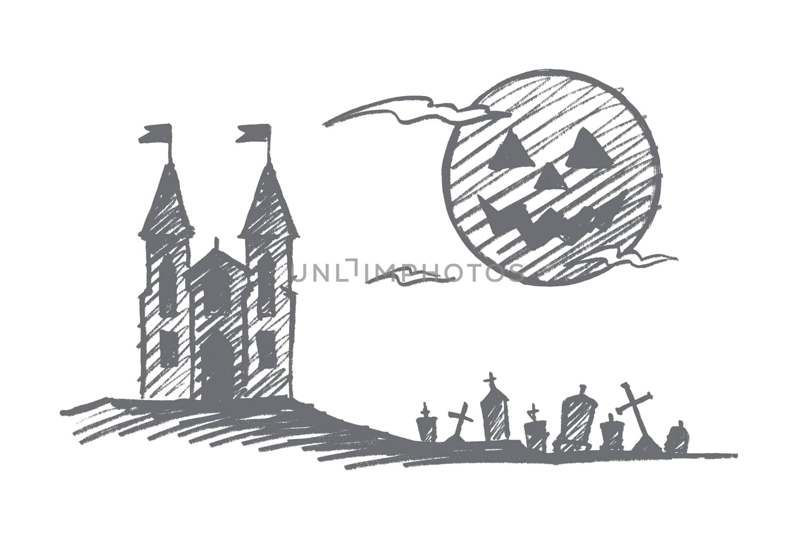 Vector hand drawn Halloween concept sketch. Halloween castle on hill, cemetery with graves and memorials and big full moon with scary face in sky