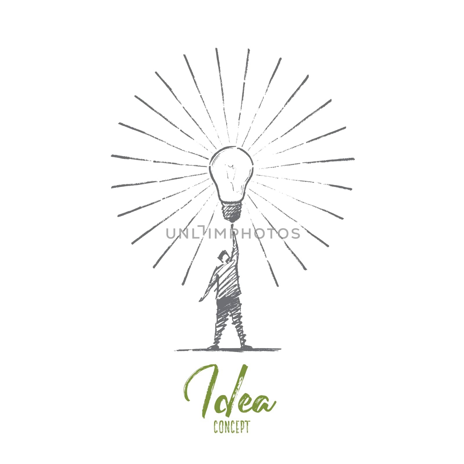 Vector hand drawn Idea concept sketch. Man standing and touching big shining bright light bulb on raised hand meaning getting great idea. Lettering Idea concept