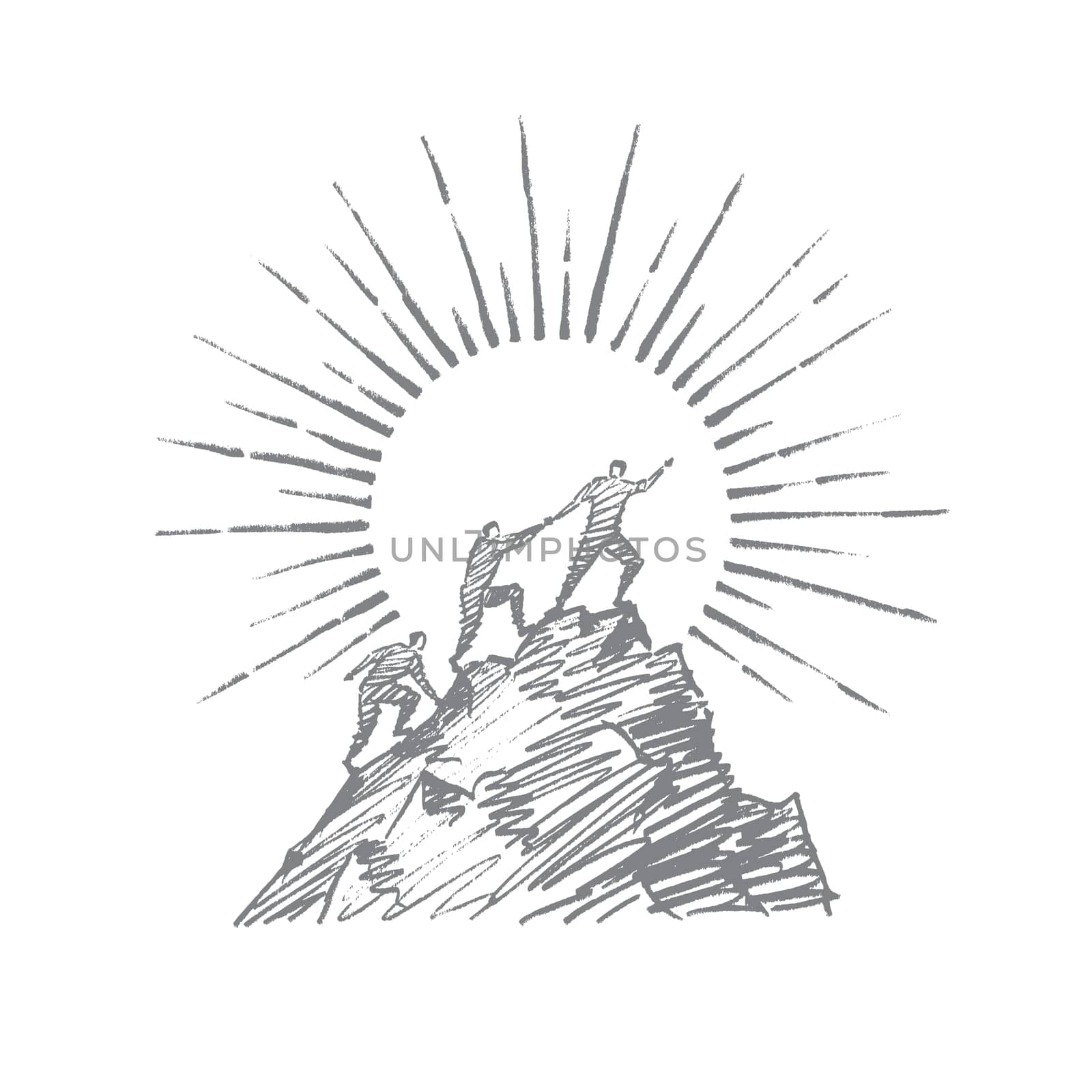 Vector hand drawn teamwork concept sketch. Group of people trying to climb up mountain and helping each other with hand, sun at background