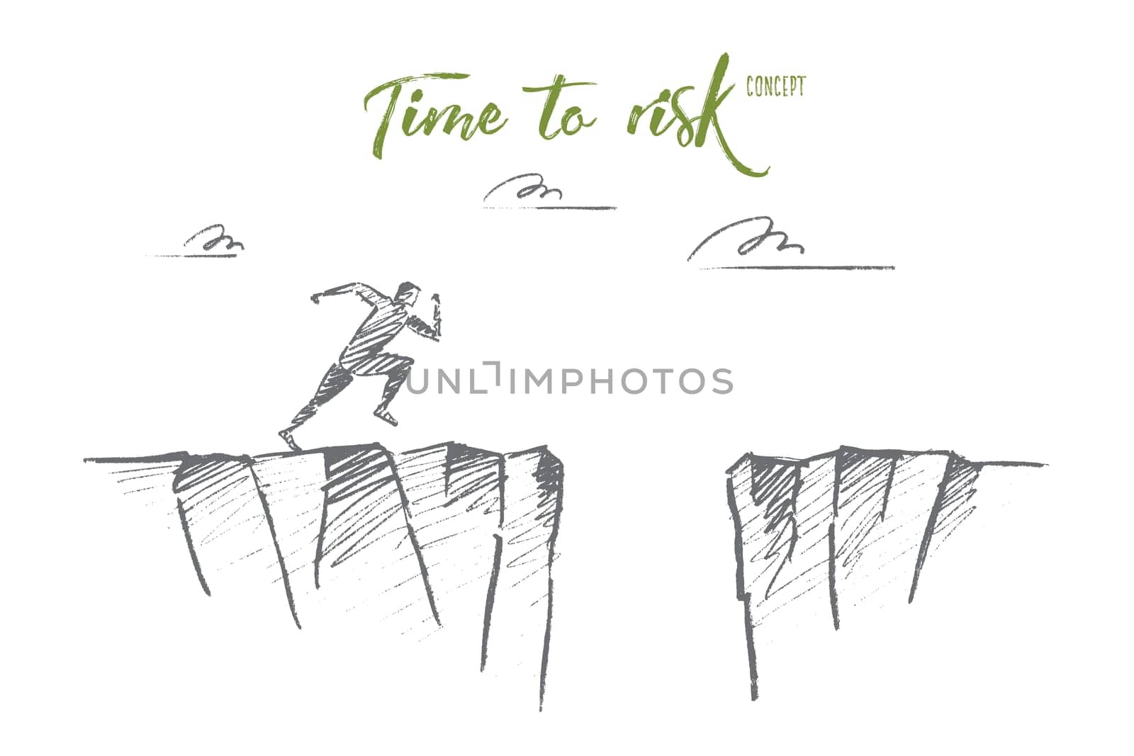 Vector hand drawn time to risk concept sketch. Man running to edge of mountain and ready to jump to other side over deep pass. Lettering Time to risk concept