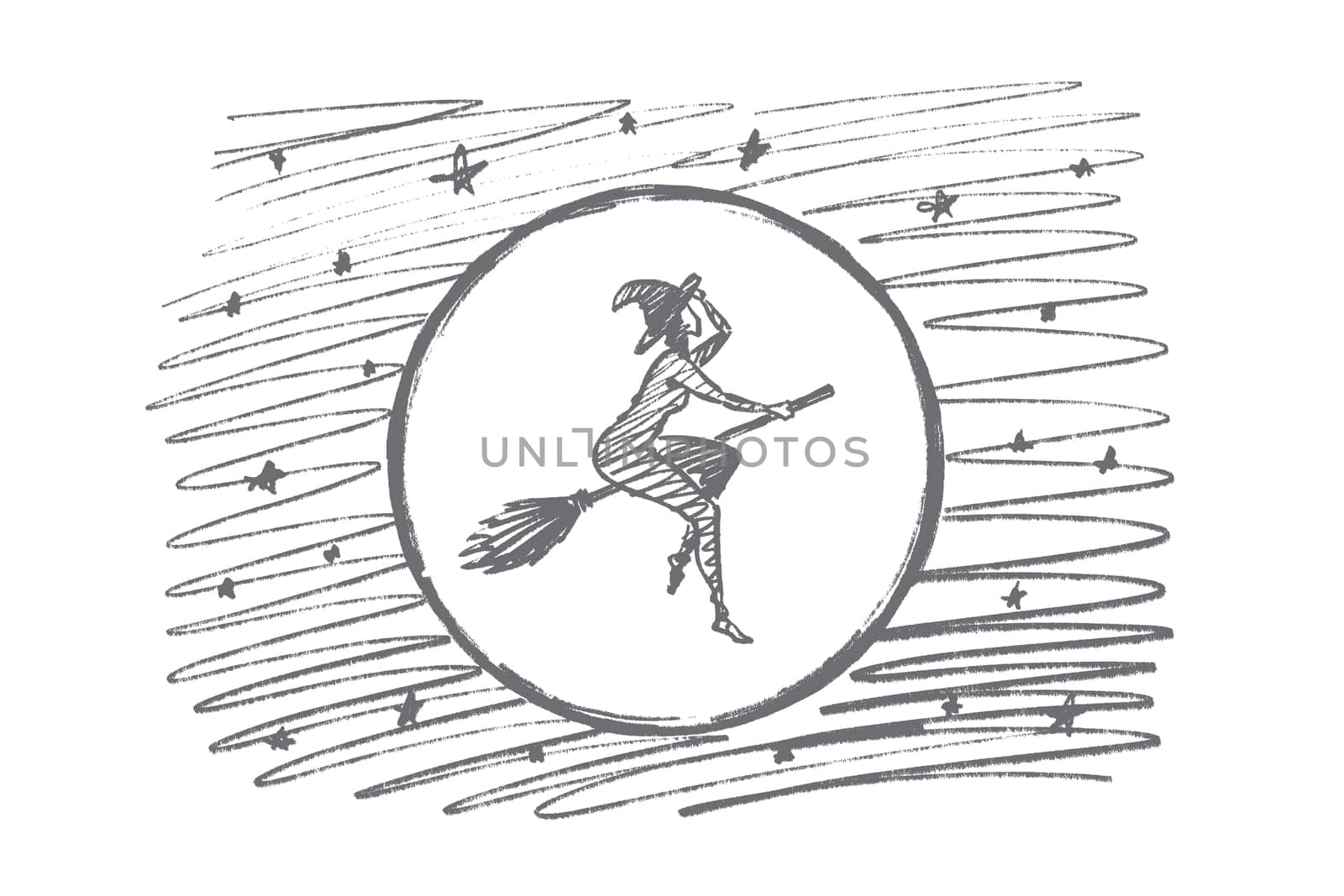 Vector hand drawn Halloween magic woman concept sketch. Halloween naked woman in cap flying on broom stick in sky in front of big full Moon