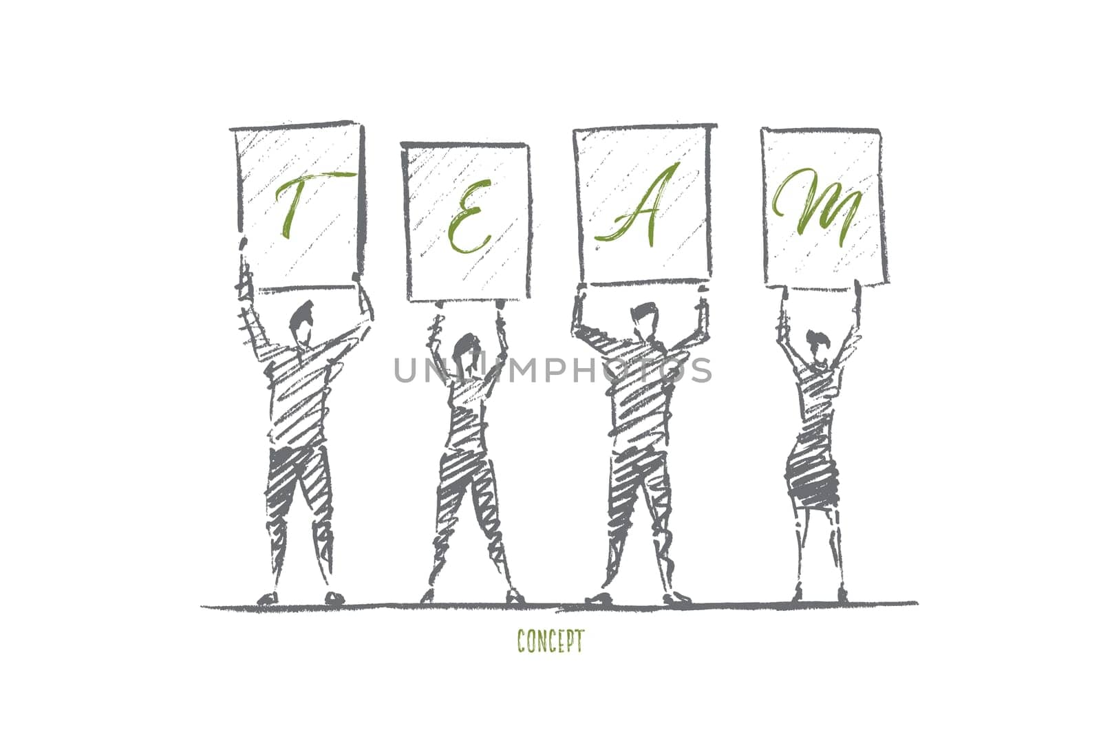 Vector hand drawn team concept sketch. Group of people standing together and holding letters of word TEAM on raised hands. Lettering Team concept