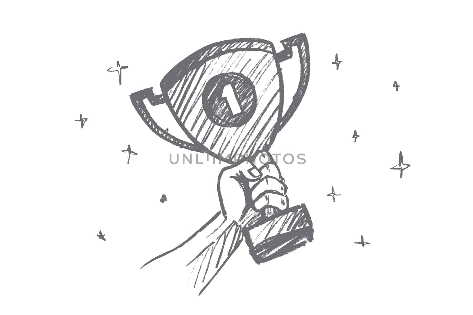 Vector hand drawn Number one concept sketch. Human hand holding golden trophy for the first place with number