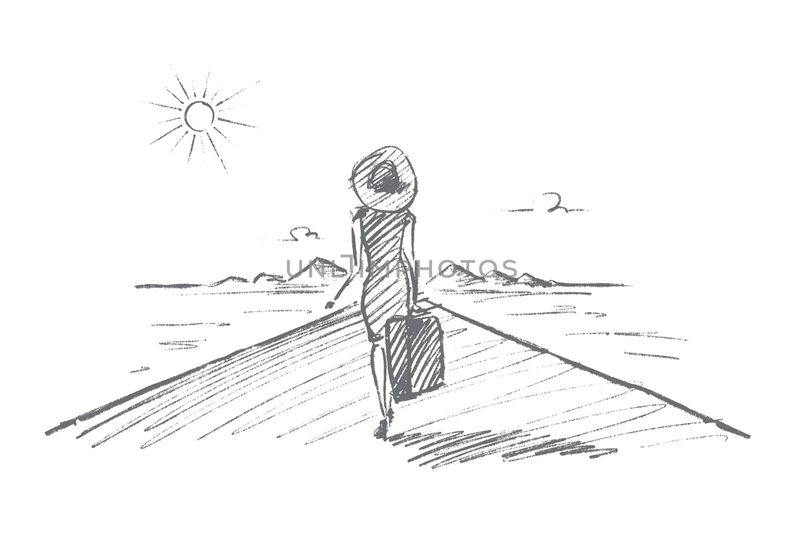Vector hand drawn Travel time concept sketch. Beautiful slim woman in dress, hat and on high heels going towards mountains and the Sun, holding suitcase in hand
