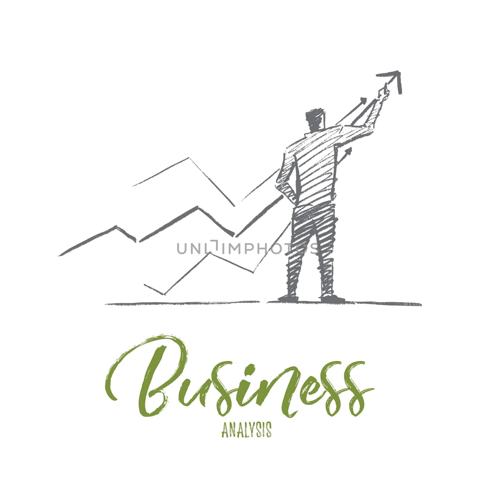 Vector hand drawn business analysis sketch and success concept. Businessman backwards drawing indicators of positive dynamics and business analysis. Lettering Business analysis