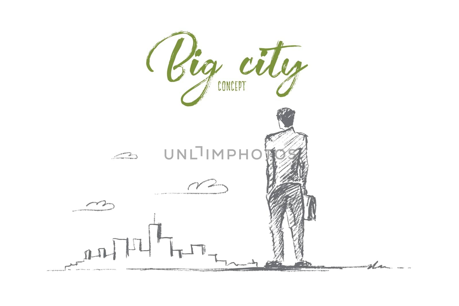 Vector hand drawn big city business sketch. Business Man with case standing backwards and looking at skyscrapers of big city, Lettering Big city concept