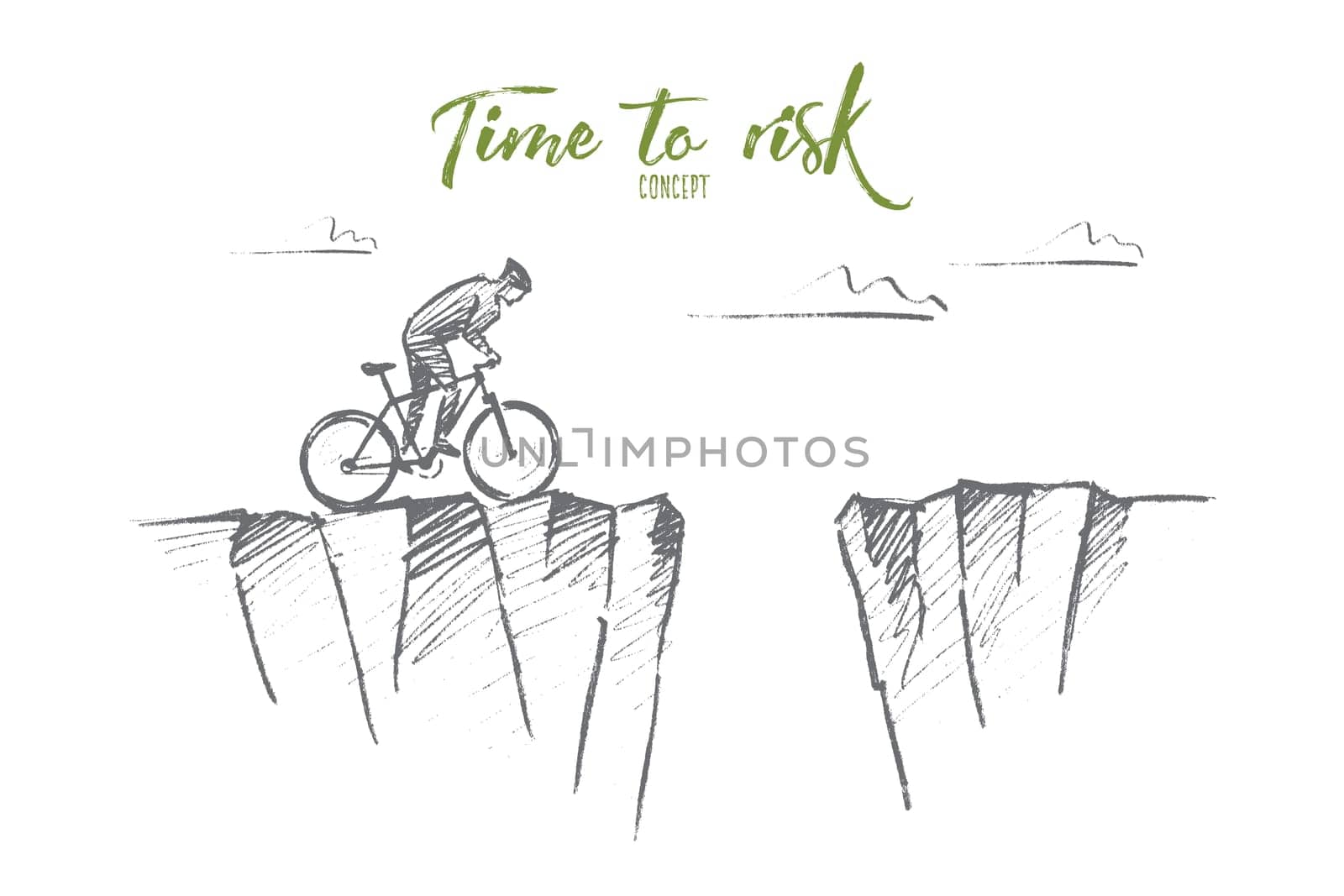 Vector hand drawn time to risk concept sketch. Cyclist riding to edge of mountain and ready to jump to other side over deep pass. Lettering Time to risk concept