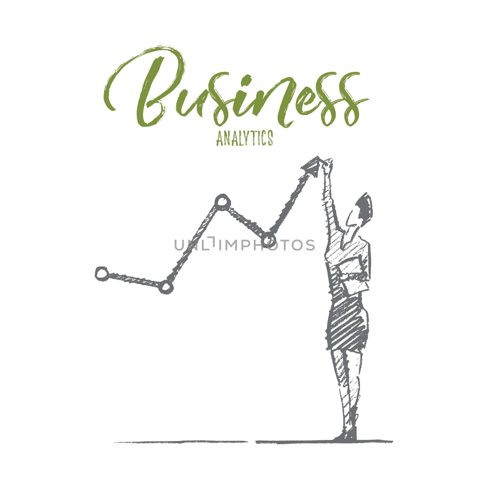 Vector hand drawn business analytics sketch and success concept. Business woman standing and drawing indicators of positive business dynamics by hand. Lettering Business analytics
