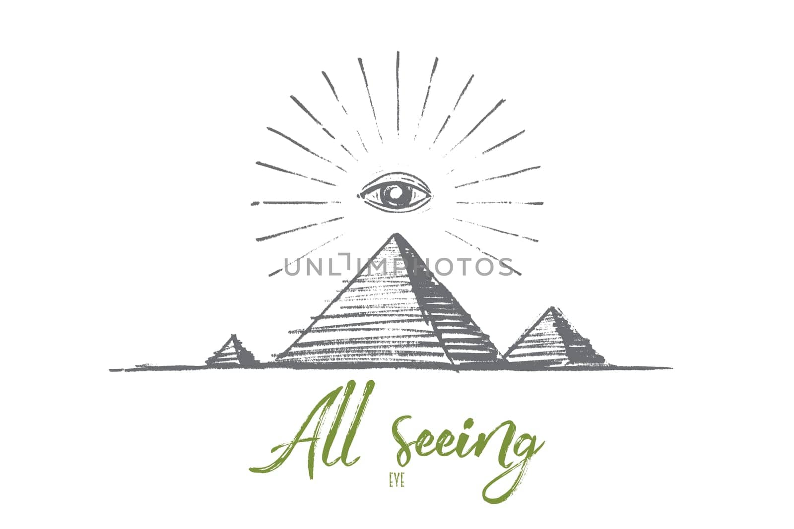 Vector hand drawn all seeing eye concept sketch. All seeing eye or eye of providence pyramid symbol. Lettering All seeing eye