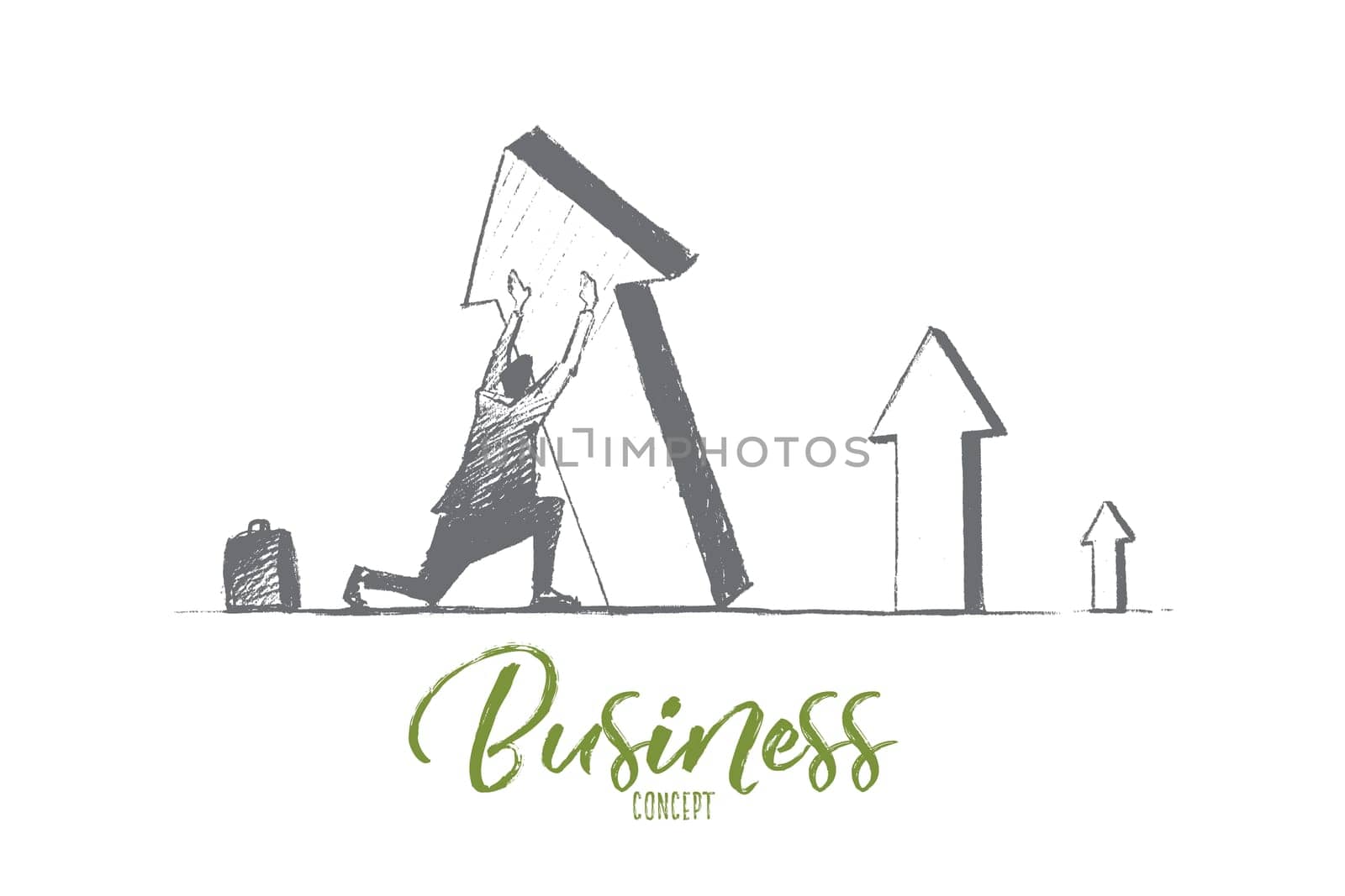 Vector hand drawn business concept sketch. Businessman sitting on his haunches and trying to lift falling indicator of growth by hands. Lettering Business concept