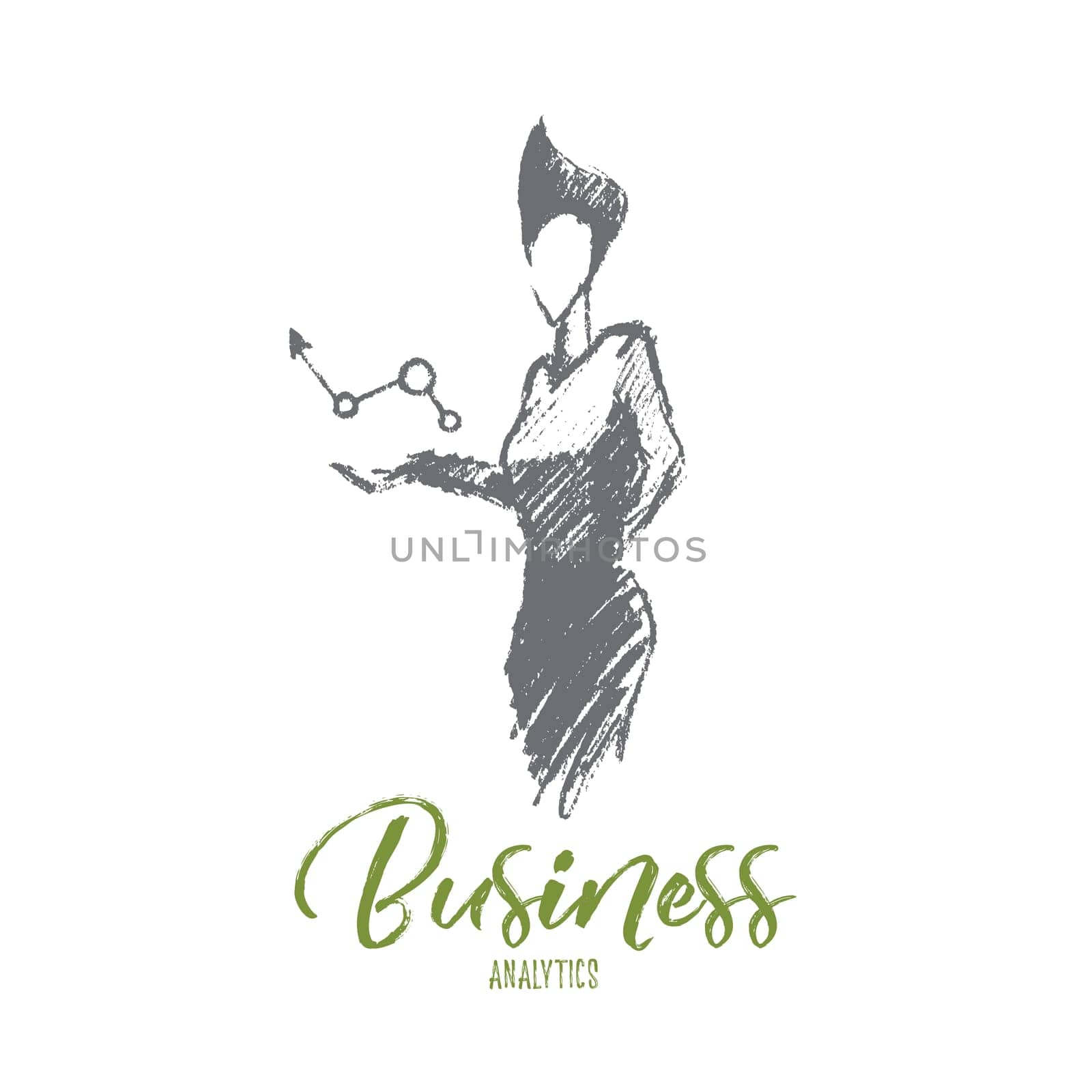 Vector hand drawn business analytics sketch and success concept. Business woman holding symbol of positive business dynamics in hands. Lettering Business analytics