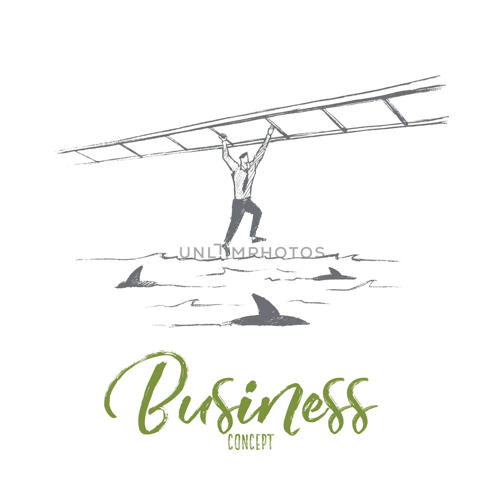 Vector hand drawn business concept sketch. Business man hanging on suspended ladder and balancing over sea full of sharks. Lettering Business concept
