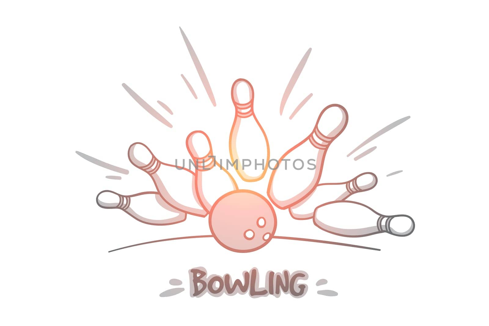 Bowling concept. Hand drawn skittles and bowling ball on the playing field. Bowling ball is making a strike isolated vector illustration.