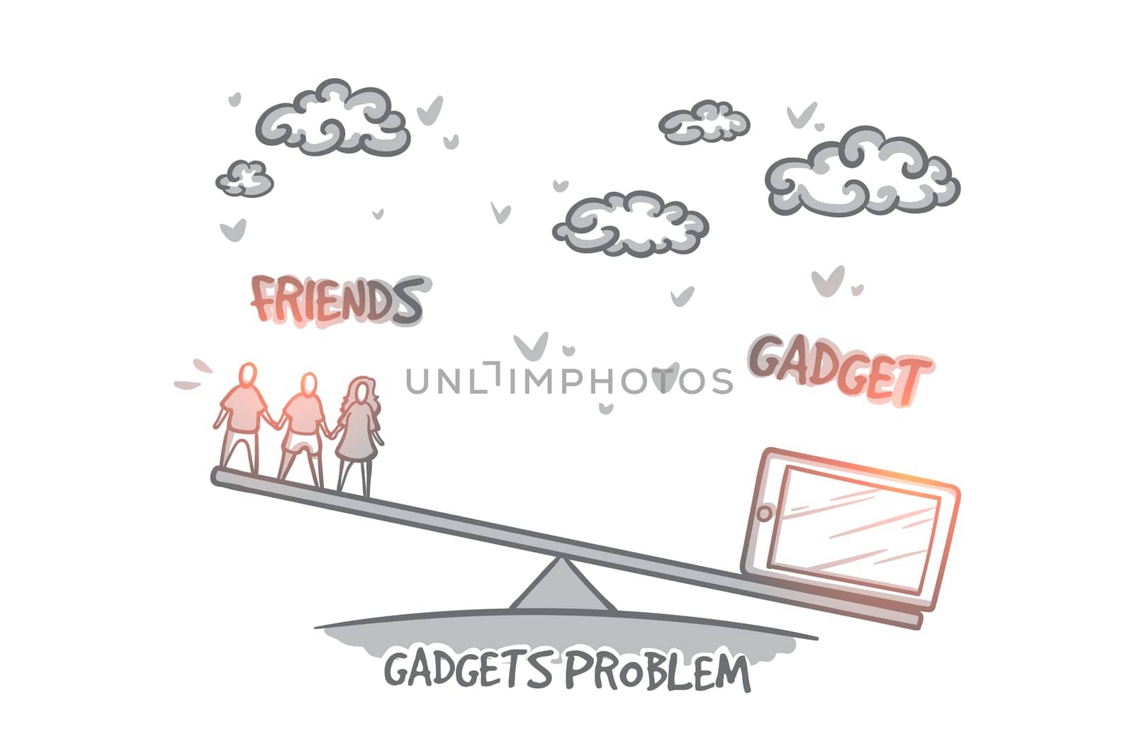 Gadgets problem concept. Hand drawn choice between gadget and friends. Problem of choice isolated vector illustration.