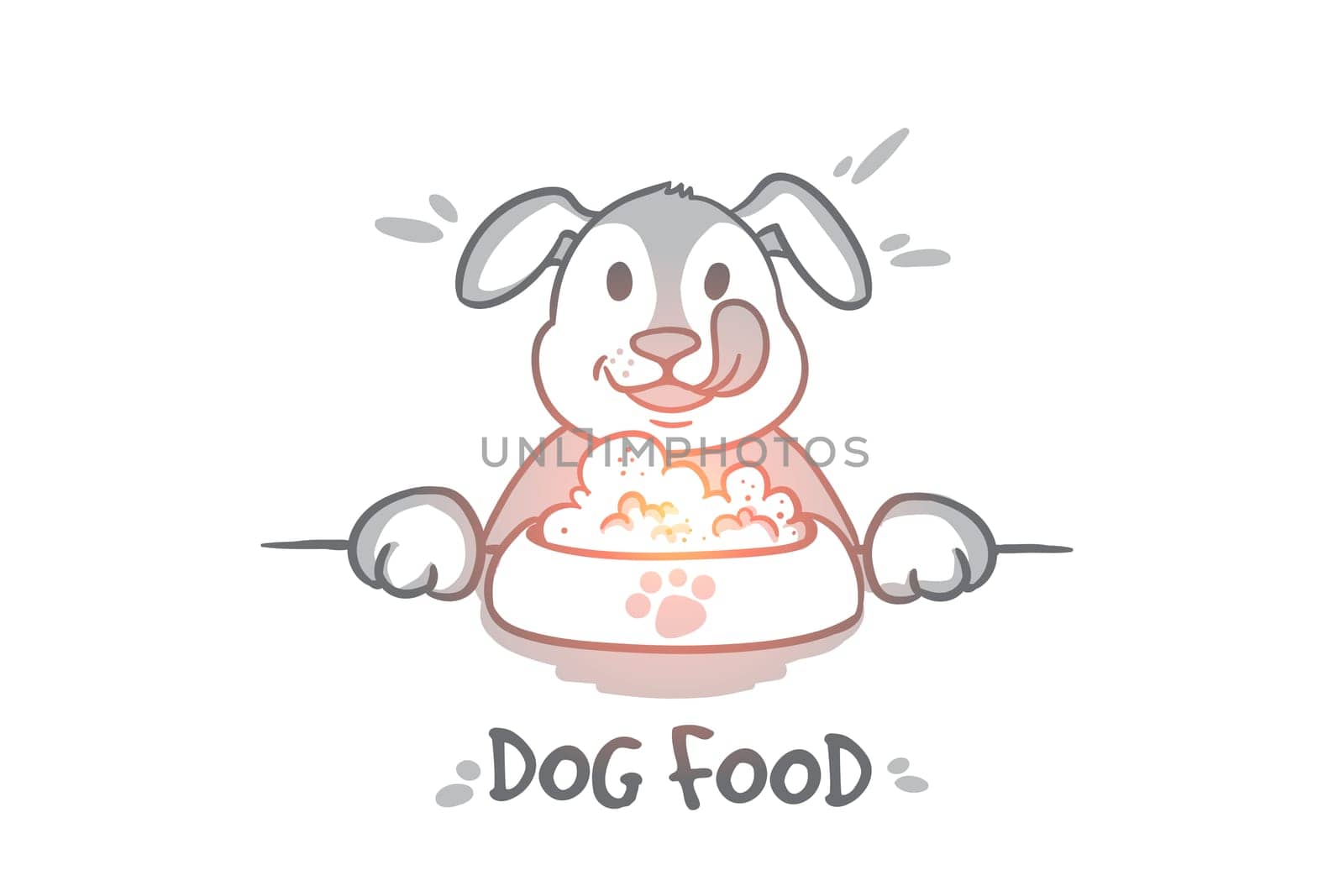 Dog food concept. Hand drawn hungry dog behind a big mound of food. Pet eating food isolated vector illustration.
