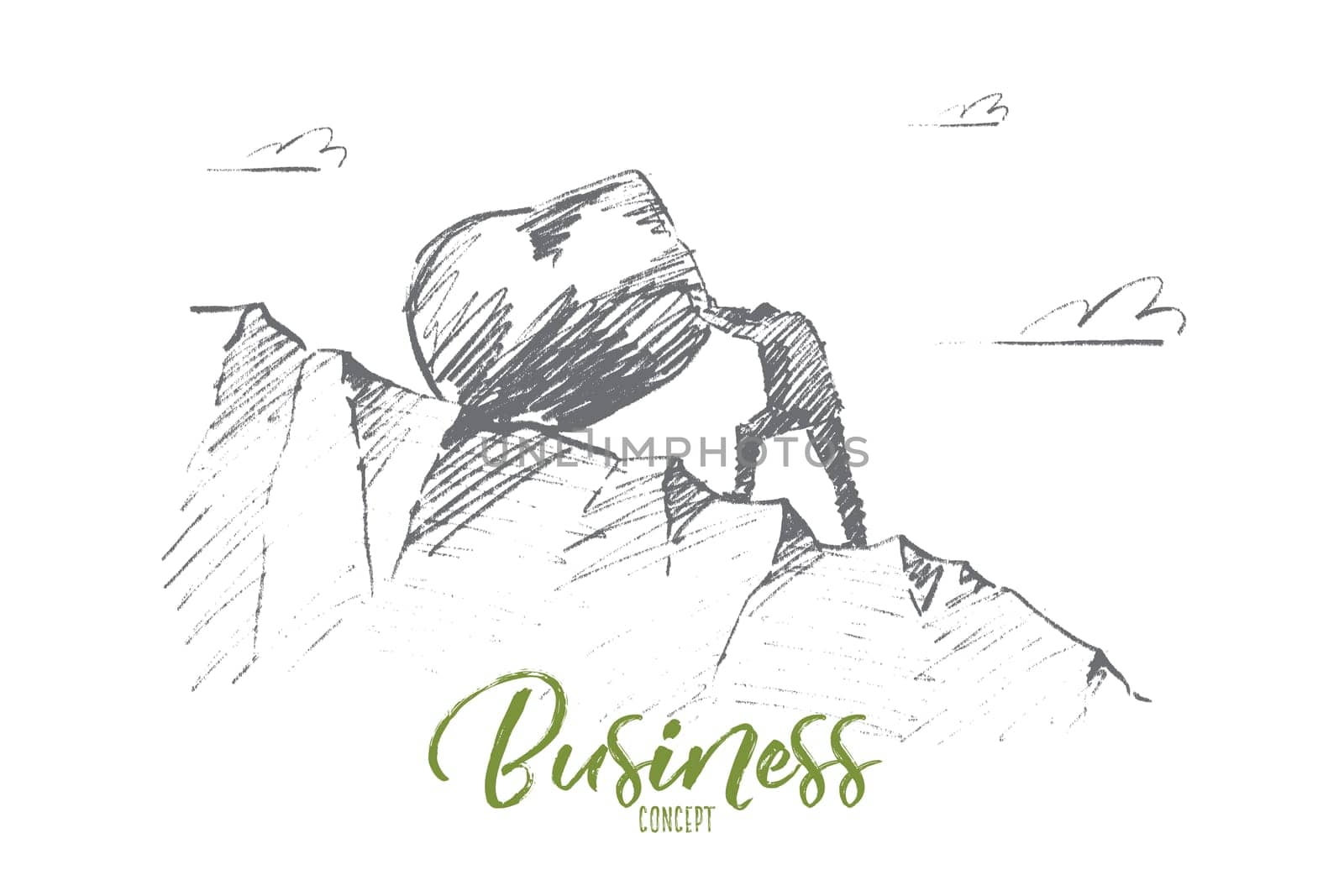 Vector hand drawn business concept sketch. Bisinessman rolling huge boulder up the hill. Lettering Business concept