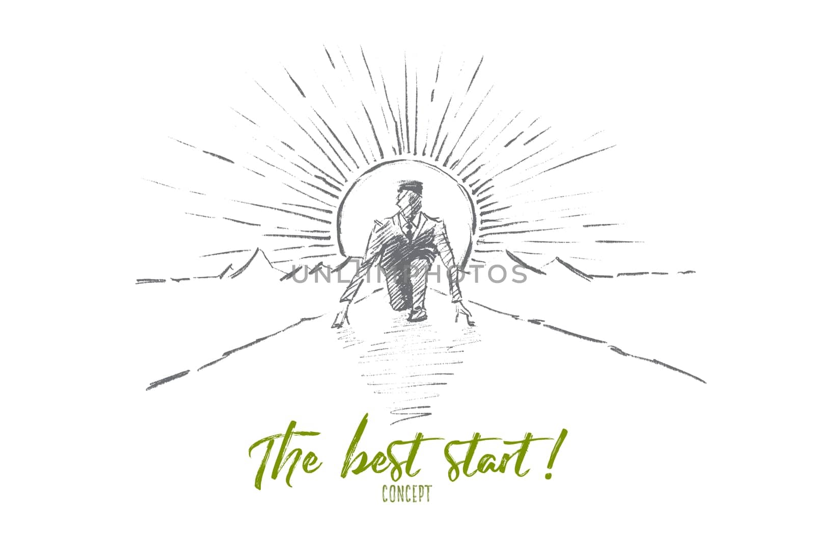 Vector hand drawn the best start concept sketch. Business man sitting on his haunches on road and preparing to start running. Lettering The best start concept