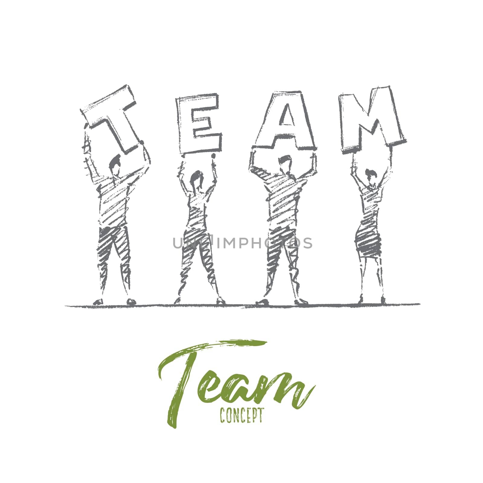 Vector hand drawn team concept sketch. Group of people standing and holding letters of the word TEAM on raised hands. Lettering Team concept