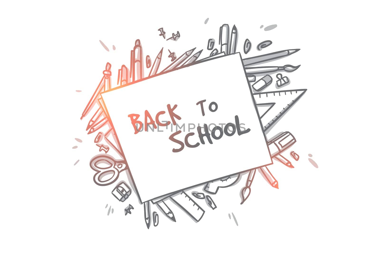 Back to school concept. Hand drawn school supplies top view. School accessories scissors, books, ruler, pencils isolated vector illustration.