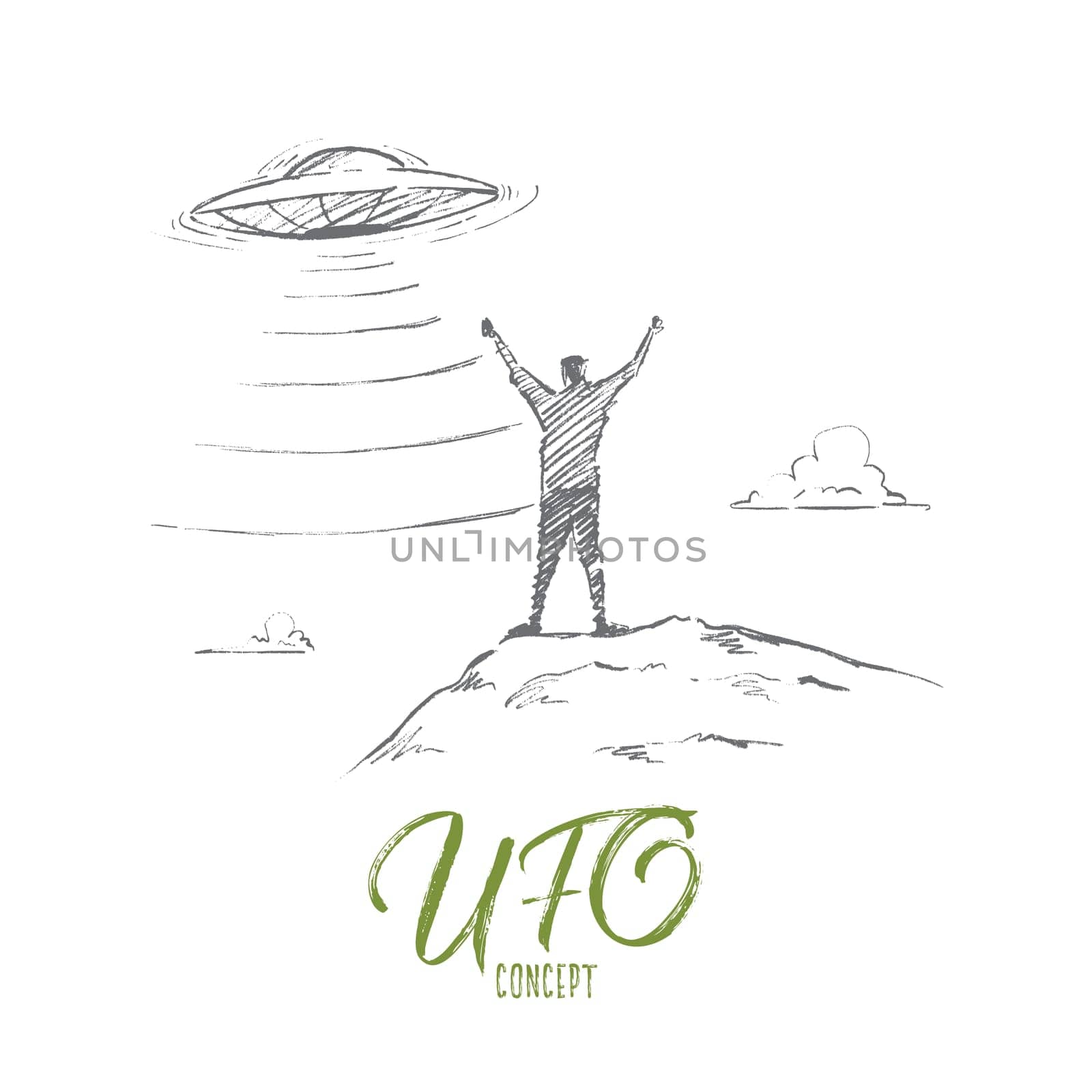 Vector hand drawn UFO concept sketch. Man standing with raised hands greeting flying UFO. Lettering UFO concept