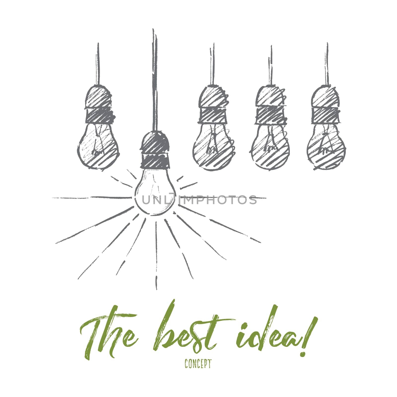 Vector hand drawn The best idea concept sketch. Five light bulbs hanging from ceiling on wires and only one shining. Lettering The best idea concept