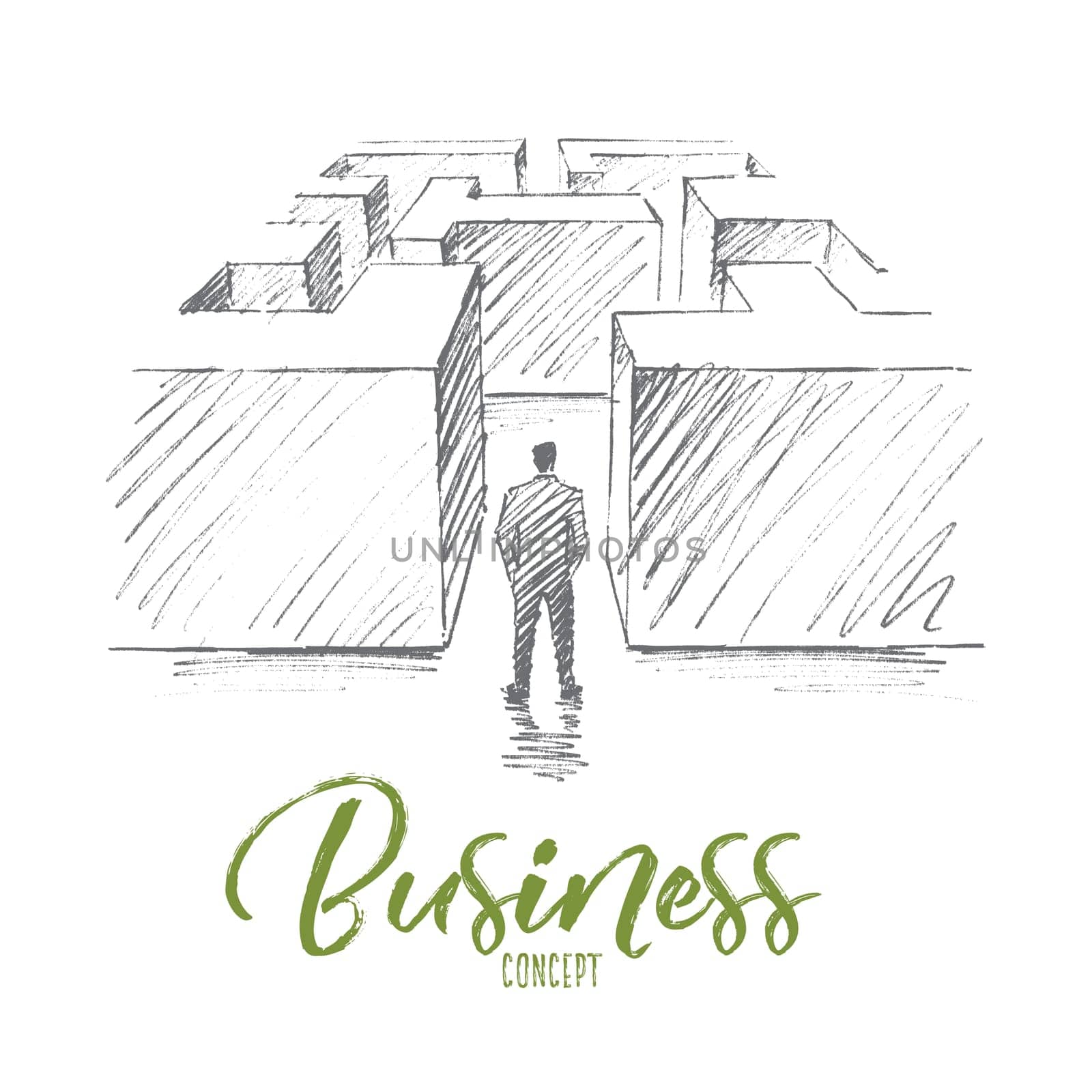 Vector hand drawn business concept sketch. Bisinessman standing backwards at entrance of maze and hesitating whether to go or not. Lettering Business concept