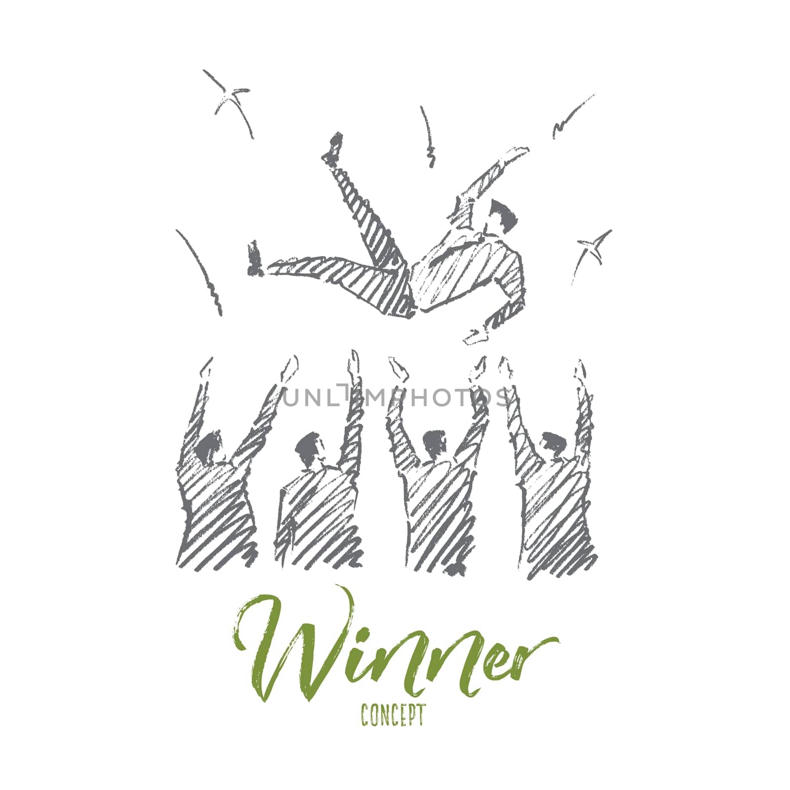 Vector hand drawn Winner concept sketch. Business people greeting and throwing up their leader on raised hands. Lettering Winner concept