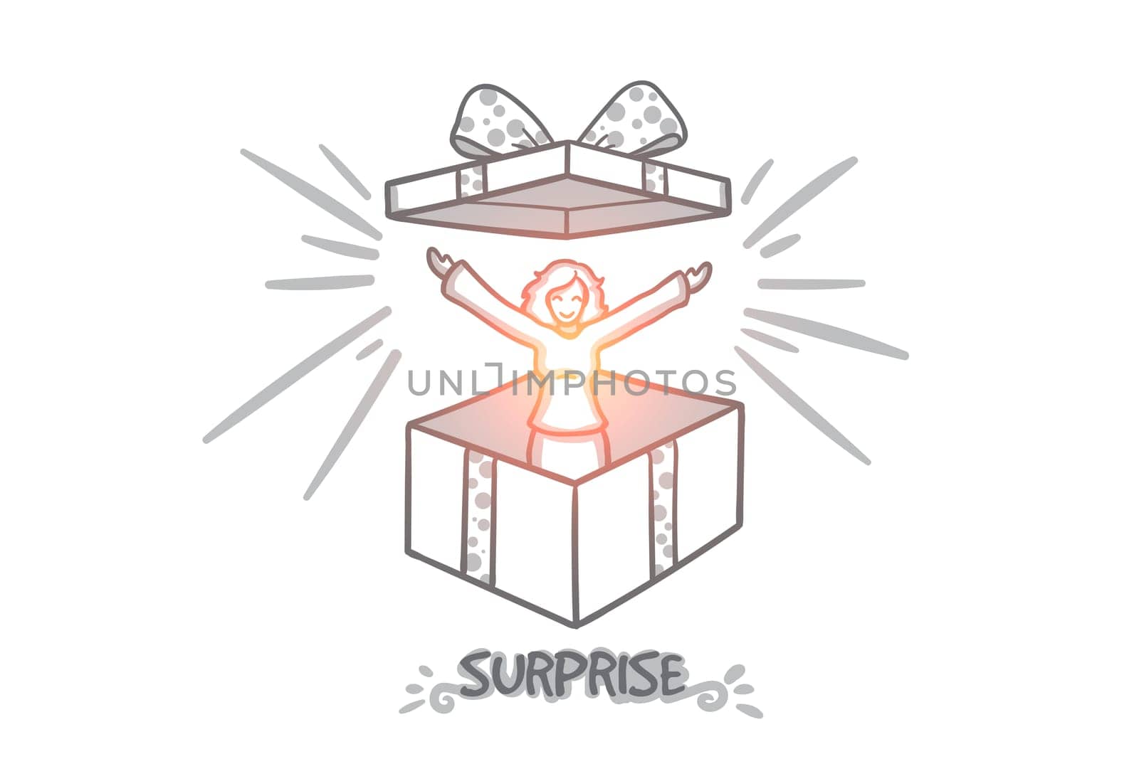 Surprise concept. Hand drawn woman jumping from present box. Big gift box isolated vector illustration.